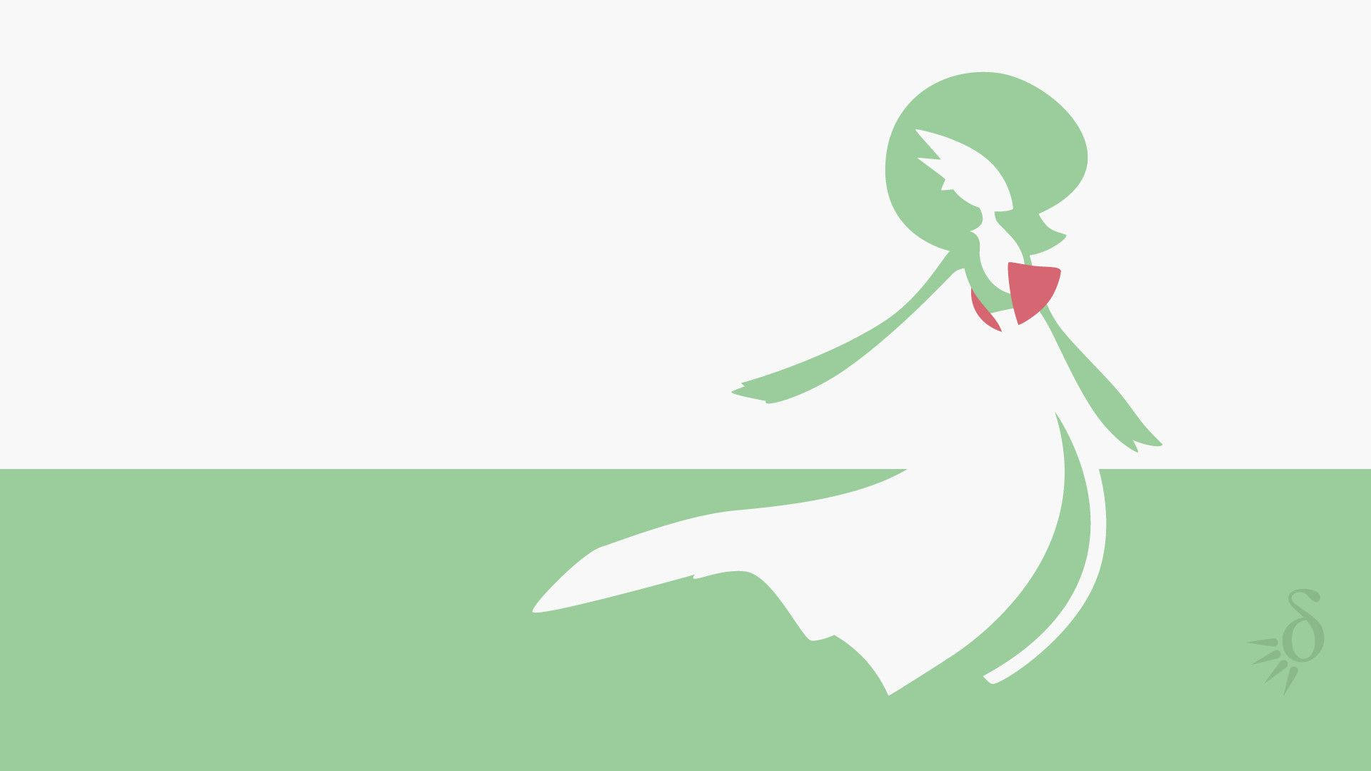Gardevoir 桌布 壁紙 — 一個極簡風格的綠色剪影，人物有飄逸的頭髮和紅色心形吊墜，站在分為綠色和白色的背景前。