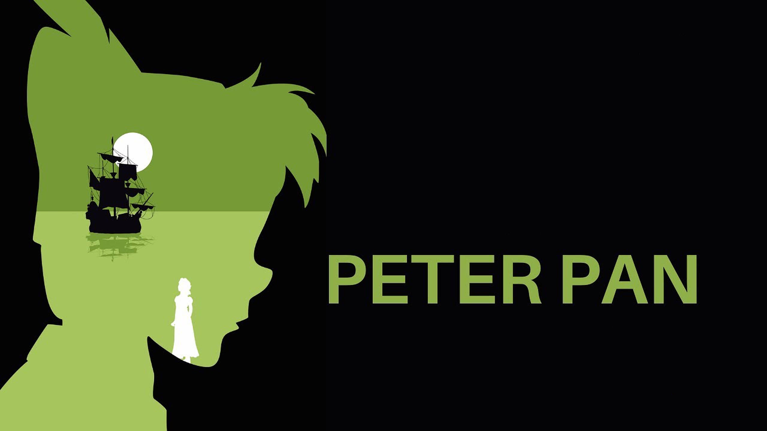 Peter Pan 桌布 壁紙 — 一個極簡風格的綠色剪影，彼得潘的頭部包含一艘海盜船和溫蒂在月亮下。