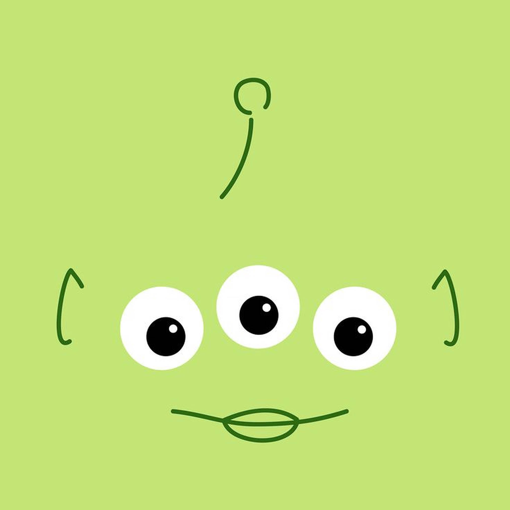 Toy Story Alien 桌布 壁紙 — 一個極簡風格的綠色外星人面孔，有三隻大眼睛和簡單的微笑，背景是純青檸色。