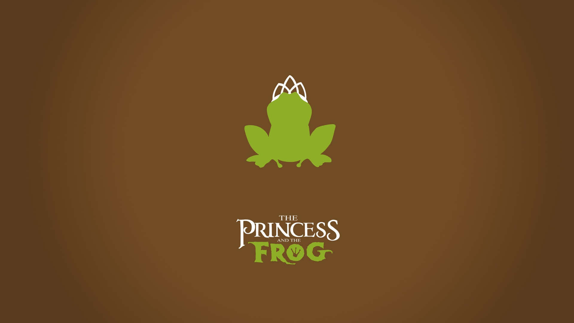 princess and the frog 桌布 壁紙 — 一個極簡風格的綠色青蛙剪影，戴著白色皇冠，居中在漸變棕色背景上，下方有電影標題文字。