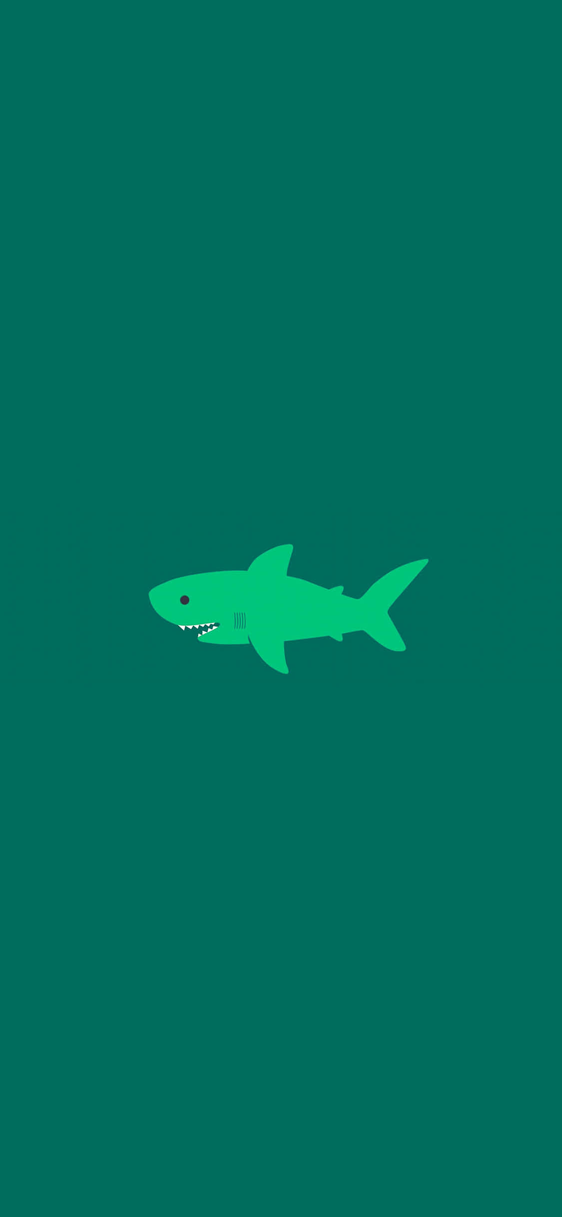 Shark iPhone 桌布 壁紙 — 一個極簡風格的綠色鯊魚圖示在純青色背景中央游動。