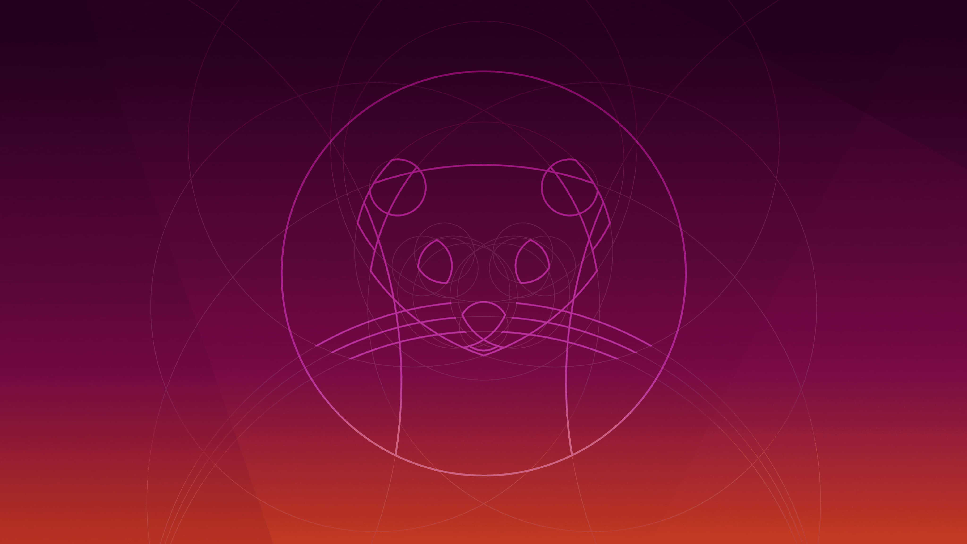 Ubuntu 4K 桌布 壁紙 — 一個極簡風格的線條藝術水獺臉，在同心圓內以發光粉紅色勾勒，背景為紫色到橙色的漸變。