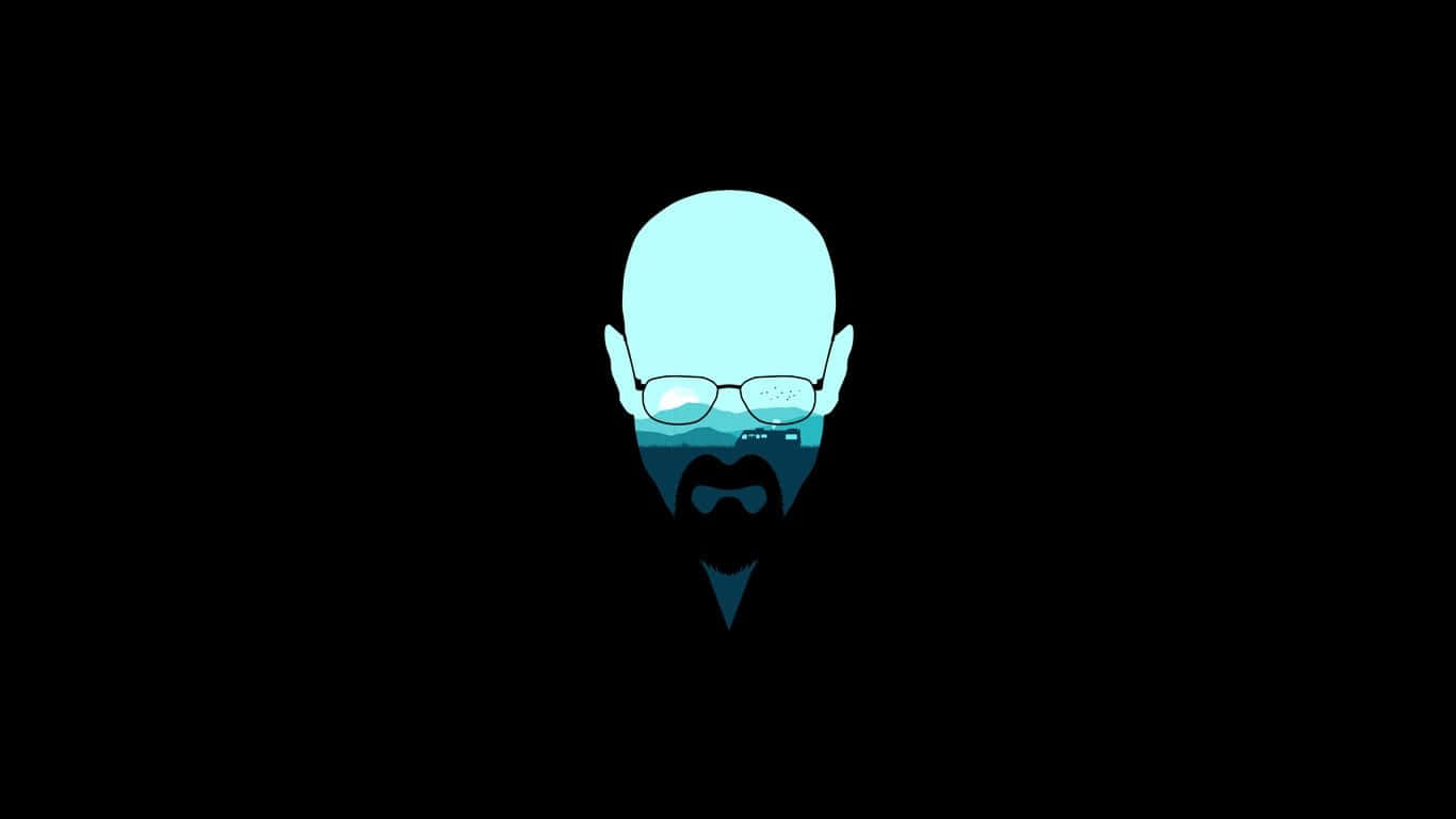 1366x768 Minimalist 桌布 壁紙 — 一個極簡風格的臉孔，戴著眼鏡和鬍鬚，背景為黑色帶藍色漸變。