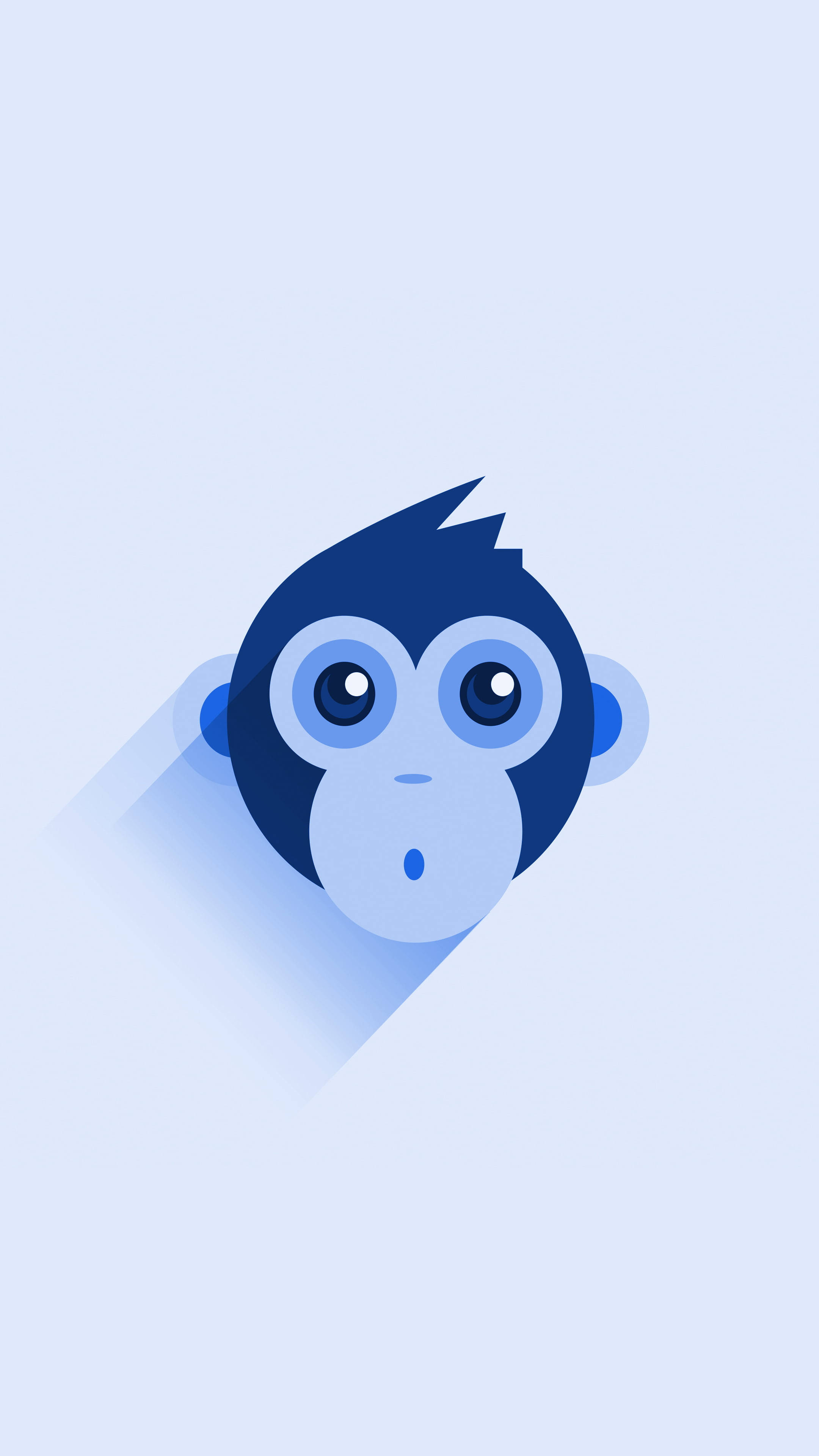 Baby Monkey 桌布 壁紙 — 一個極簡風格的藍色猴子臉，大眼睛在淺藍色背景上投下長長的影子。