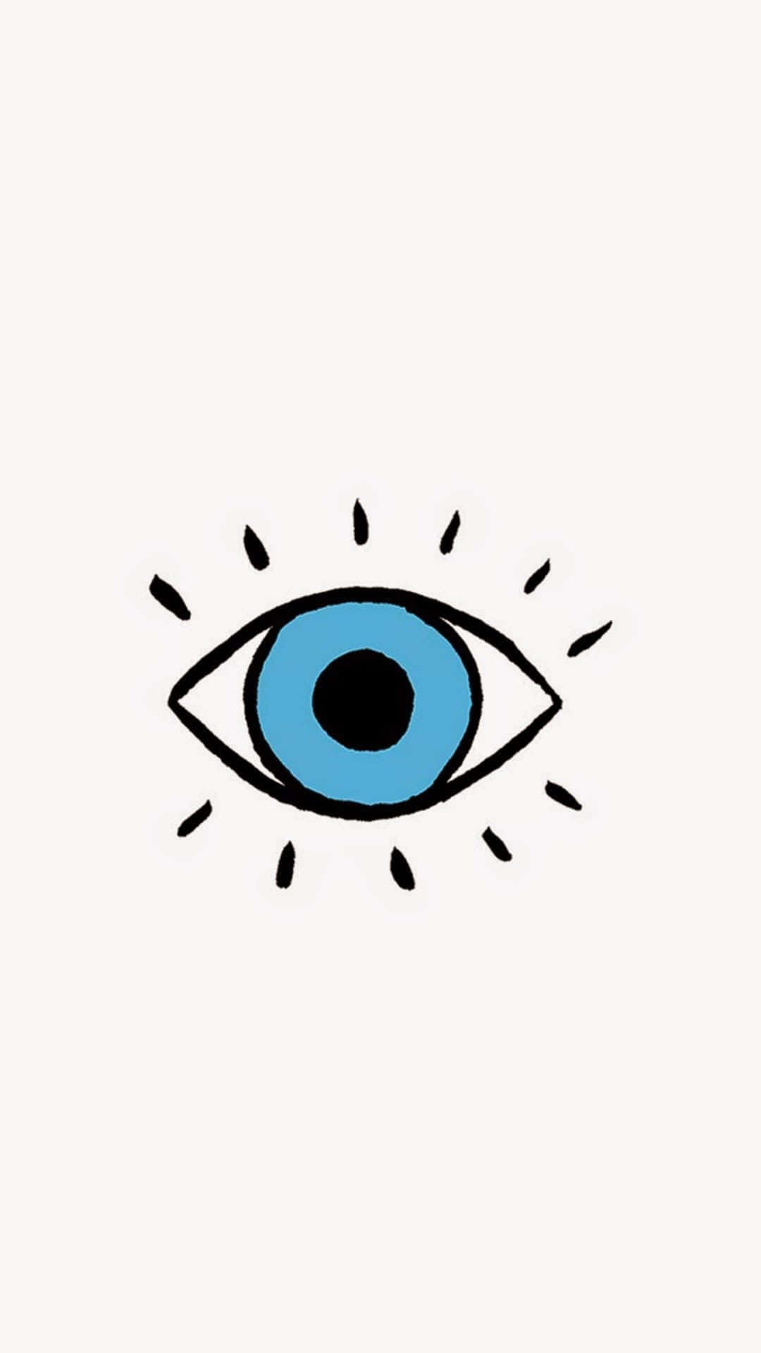 Evil Eye 桌布 壁紙 — 一個極簡風格的藍色眼睛，帶有黑色輪廓和放射狀虛線，位於淺米色背景上。