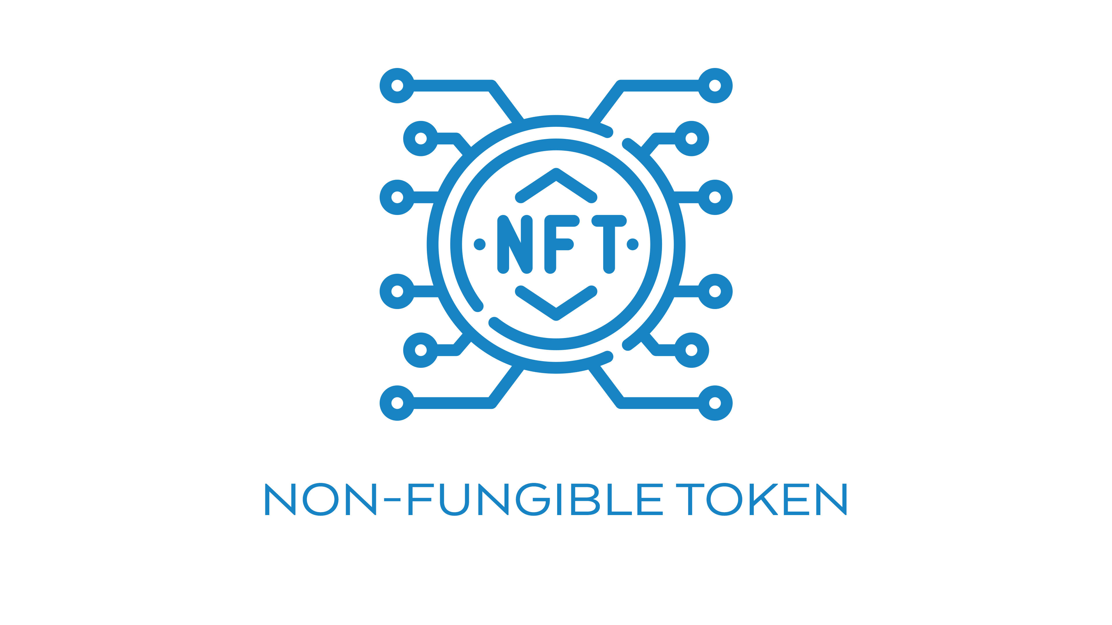 NFT 桌布 壁紙 — 一個極簡風格的藍色線條藝術NFT標誌圖標，周圍環繞著電路板圖案，背景為白色。