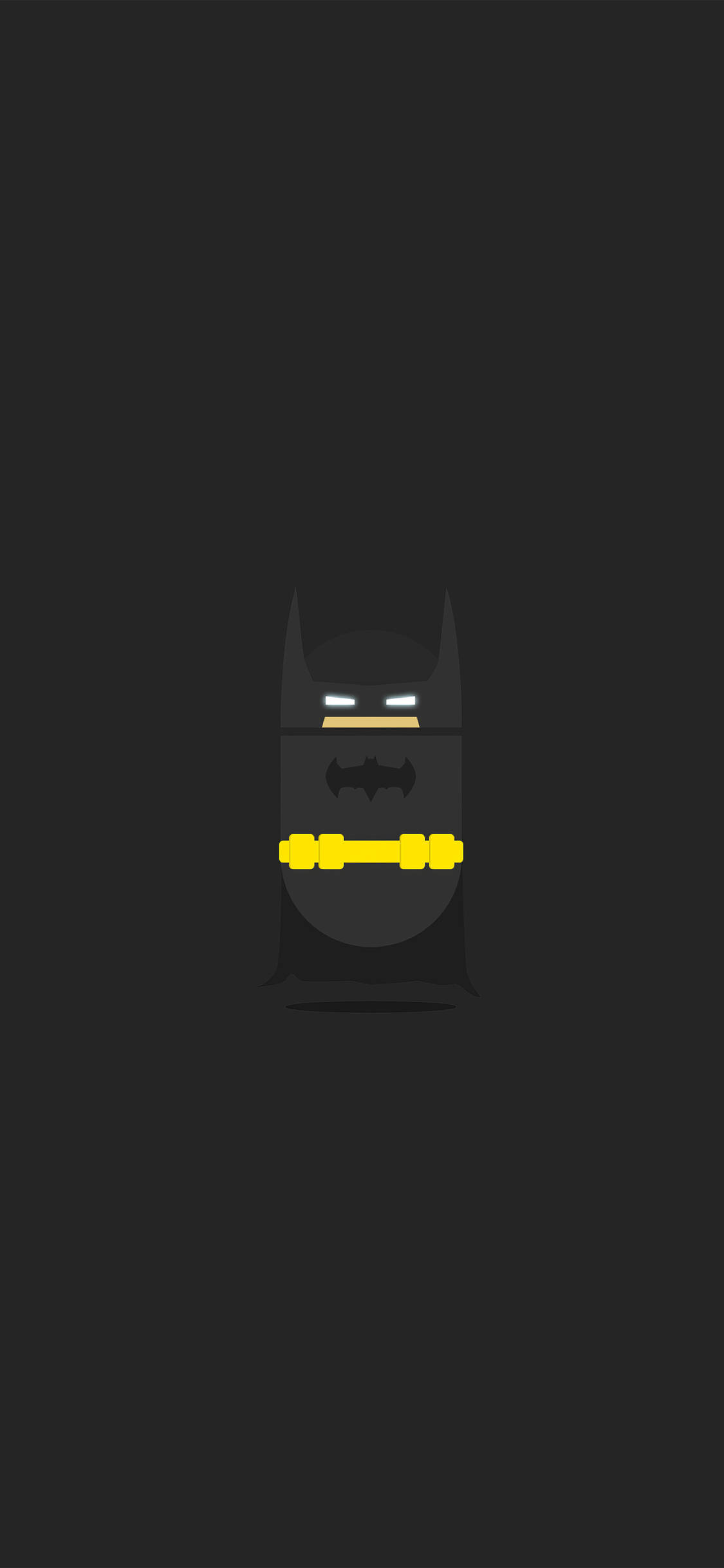 minimal dark iPhone 桌布 壁紙 — 一個極簡風格的蝙蝠俠圖示，發光的眼睛和黃色腰帶，居中在深灰色背景上。