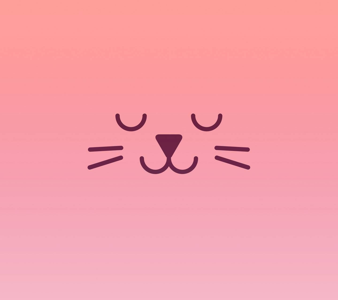 Pink Cat 桌布 壁紙 — 一個極簡風格的貓臉，閉著眼睛並有鬍鬚，置中在柔和的粉紅色漸變背景上。