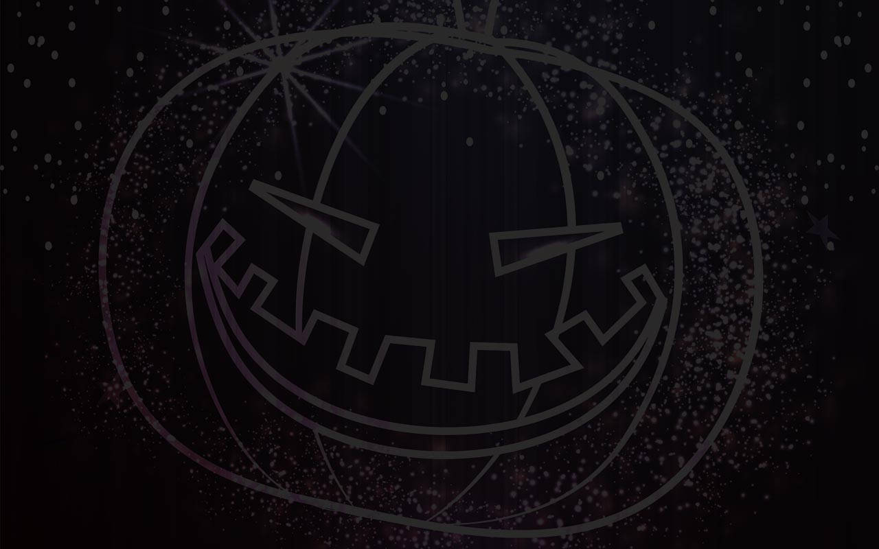 Dark Halloween 桌布 壁紙 — 一個極簡風格的輪廓南瓜燈，帶有鋸齒狀的笑容，漂浮在深色斑點背景上。