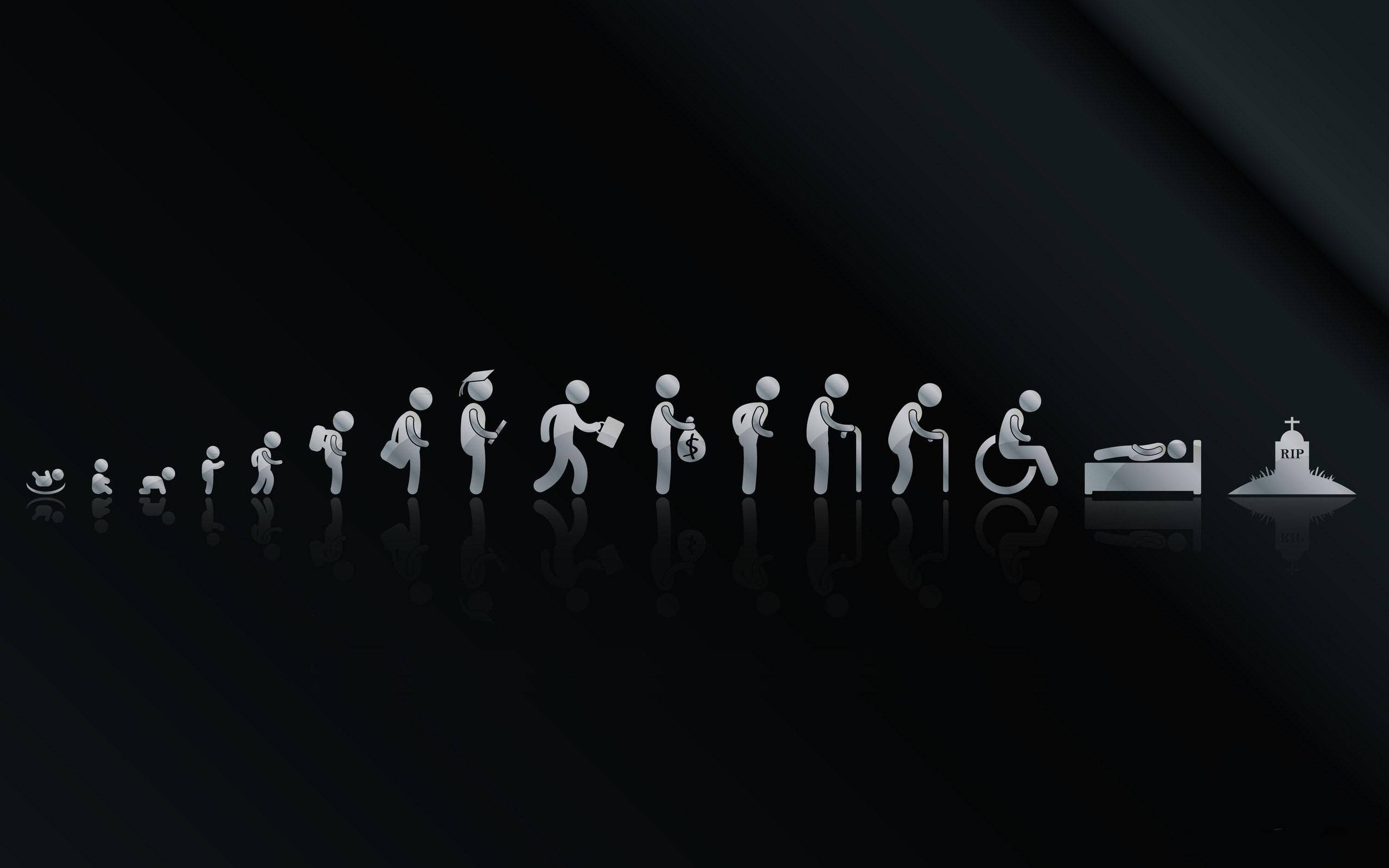 life 桌布 壁紙 — 一個極簡風格的銀色火柴人序列，在深色反光表面上描繪了從出生到死亡的人類生命階段。
