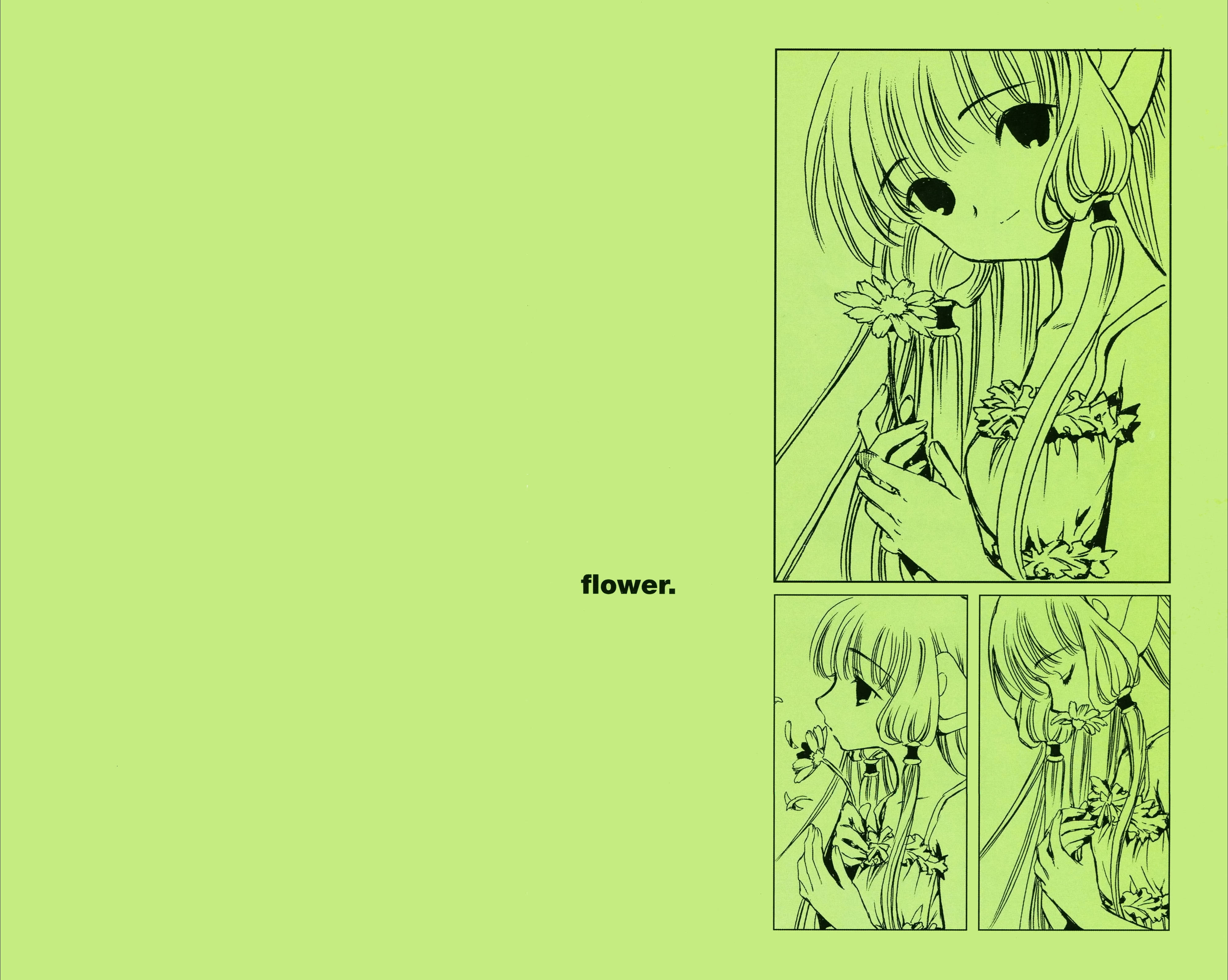 Chobits 桌布 壁紙 — 一個極簡風格的長髮動漫女孩，在三個帶有輪廓的面板中手持一朵花，背景為純萊姆綠色。