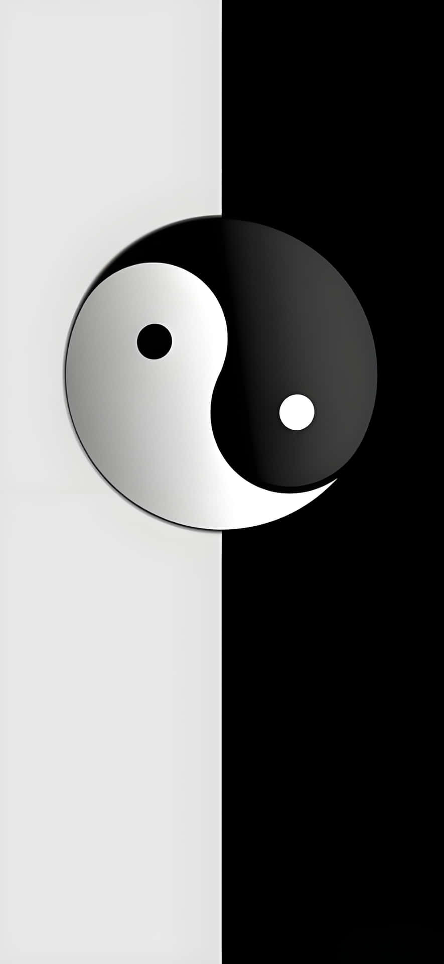 Yin yang symbol wallpaper 壁紙 — 一個極簡風格的陰陽符號，以光澤黑色和白色呈現，漂浮在純白和純黑鮮明分割的背景上。