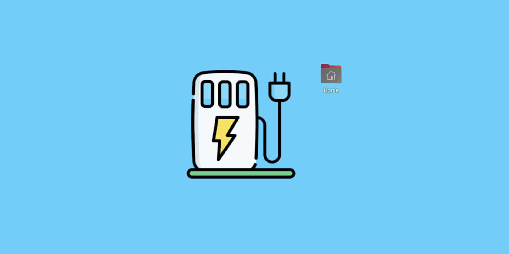科技動圖 桌布 壁紙 — 一個極簡風格的電動車充電站圖示，帶有閃電符號，位於一個房屋資料夾圖示旁邊，背景為純藍色。