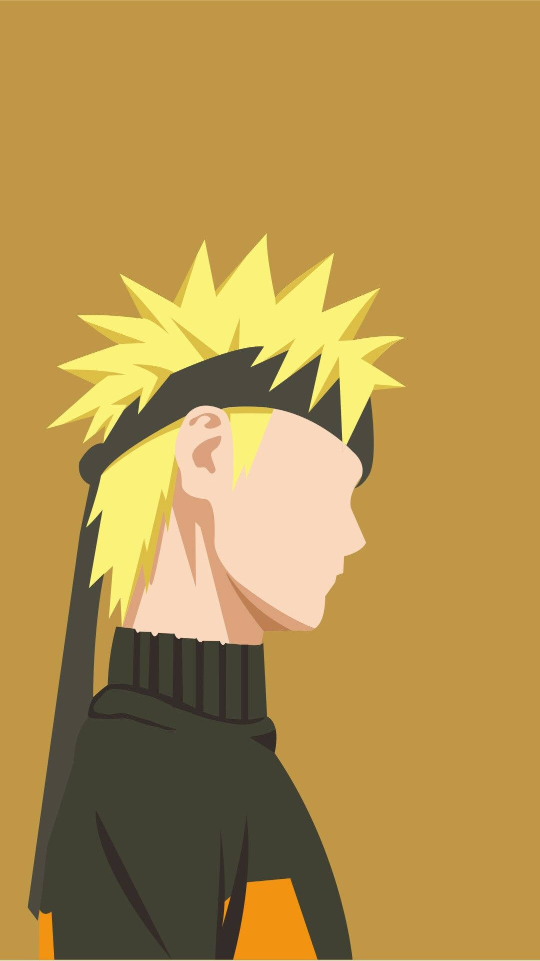Yellow Naruto 桌布 壁紙 — 一個極簡風格的鳴人側面輪廓，擁有金色刺蝟頭和黑色頭帶，背景為純芥末黃色。