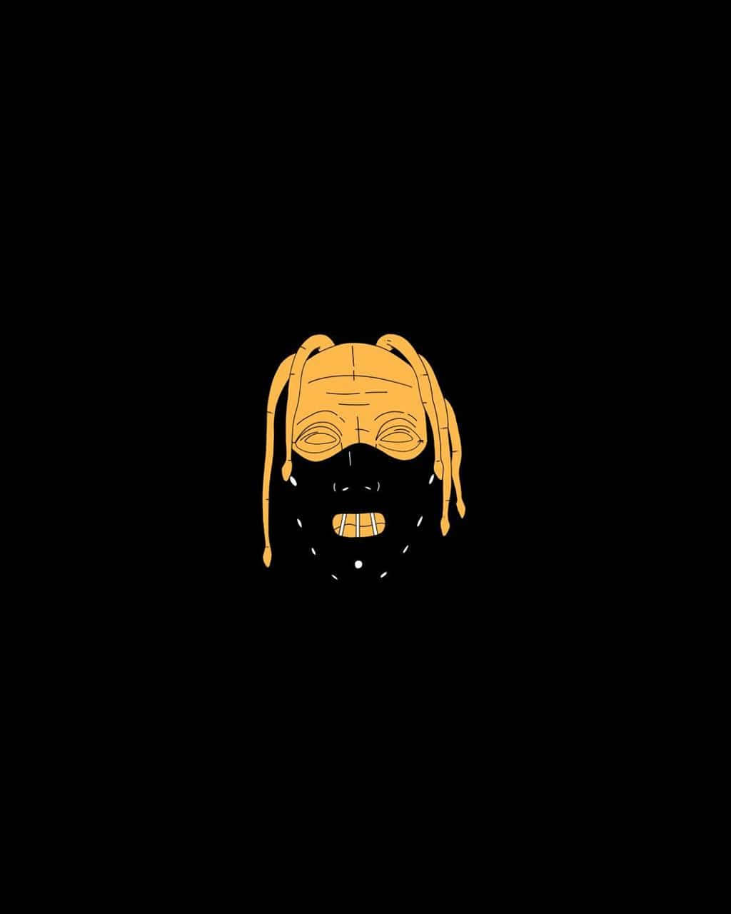 Travis Scott Cartoon 桌布 壁紙 — 一個極簡風格的黃色線條藝術插圖，描繪一個帶有辮子髮型的臉孔，背景為純黑色。
