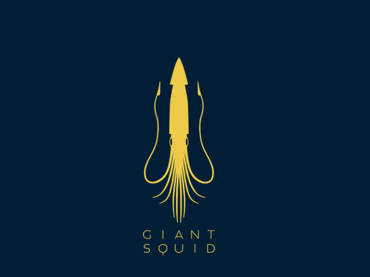 Giant Squid 桌布 壁紙 — 一個極簡風格的黃金巨型魷魚剪影，居中放置在深海軍藍背景上，下方有文字。