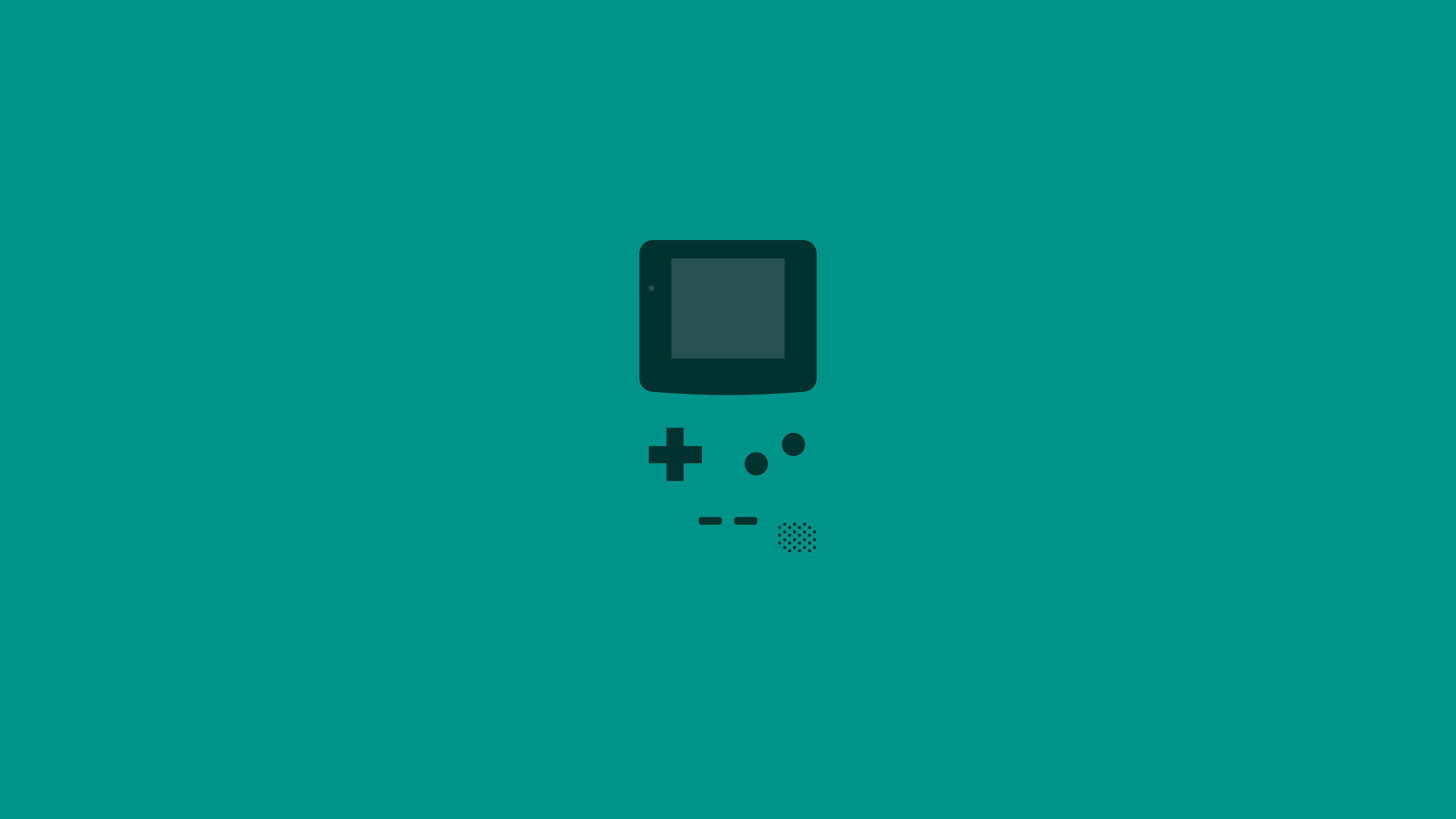 4K Gaming Consoles 桌布 壁紙 — 一個極簡風格的黑色 Game Boy 圖示，居中放置在純青色背景上。