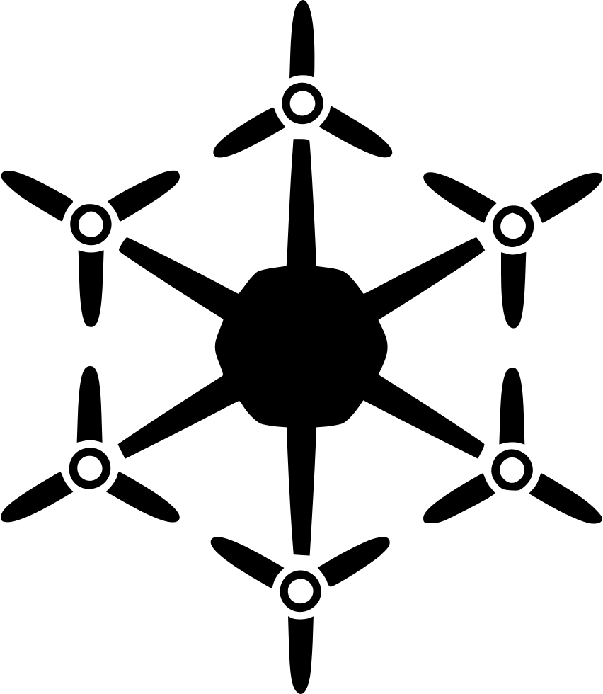 Blockchain 桌布 壁紙 — 一個極簡風格的黑色六軸無人機剪影，六個旋翼從中央輪轂向外輻射，背景為白色。