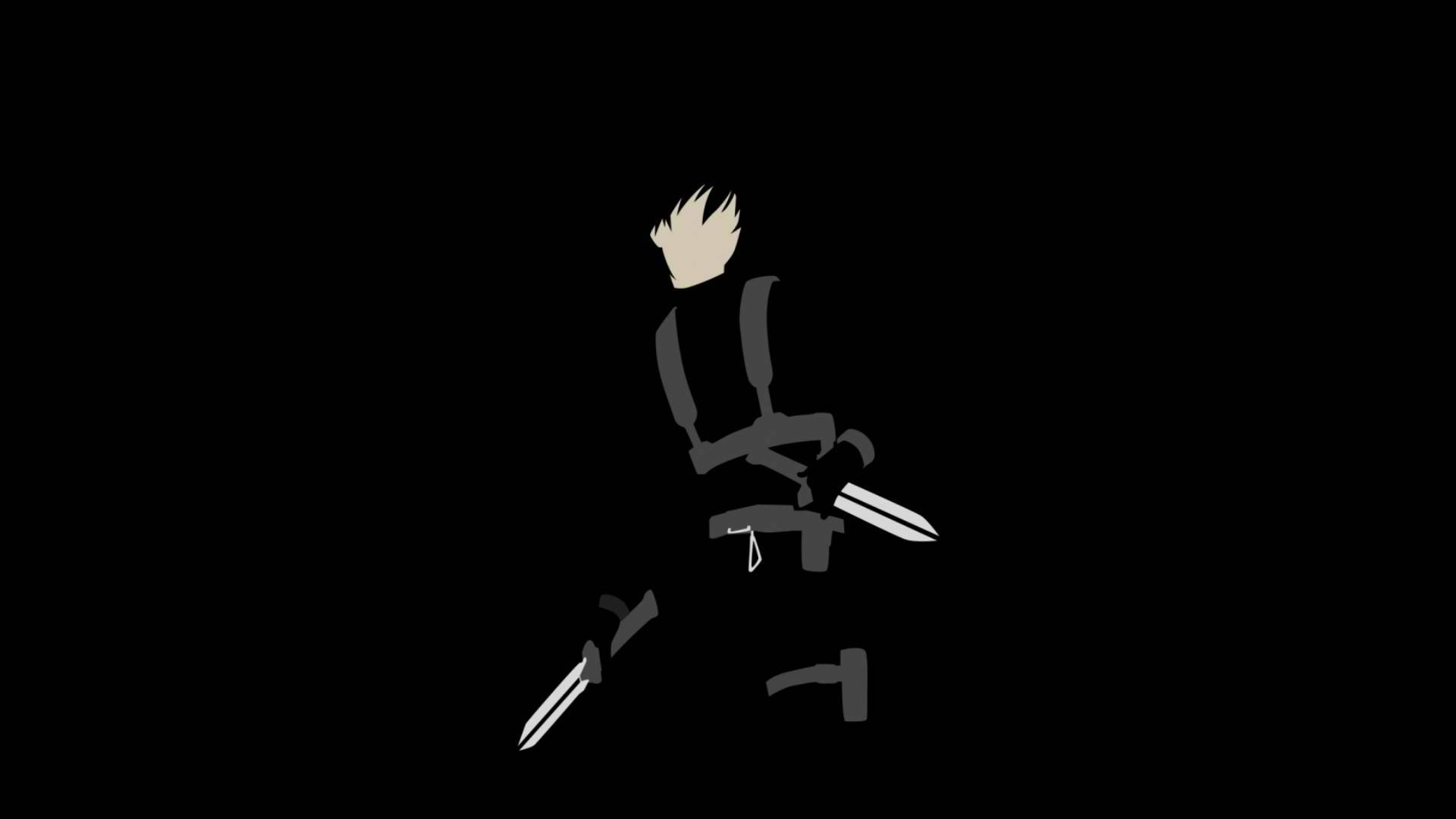 可愛黑色動圖 桌布 壁紙 — 一個極簡風格的黑色剪影，人物有尖刺頭髮，手持兩把刀，背景為純黑色。