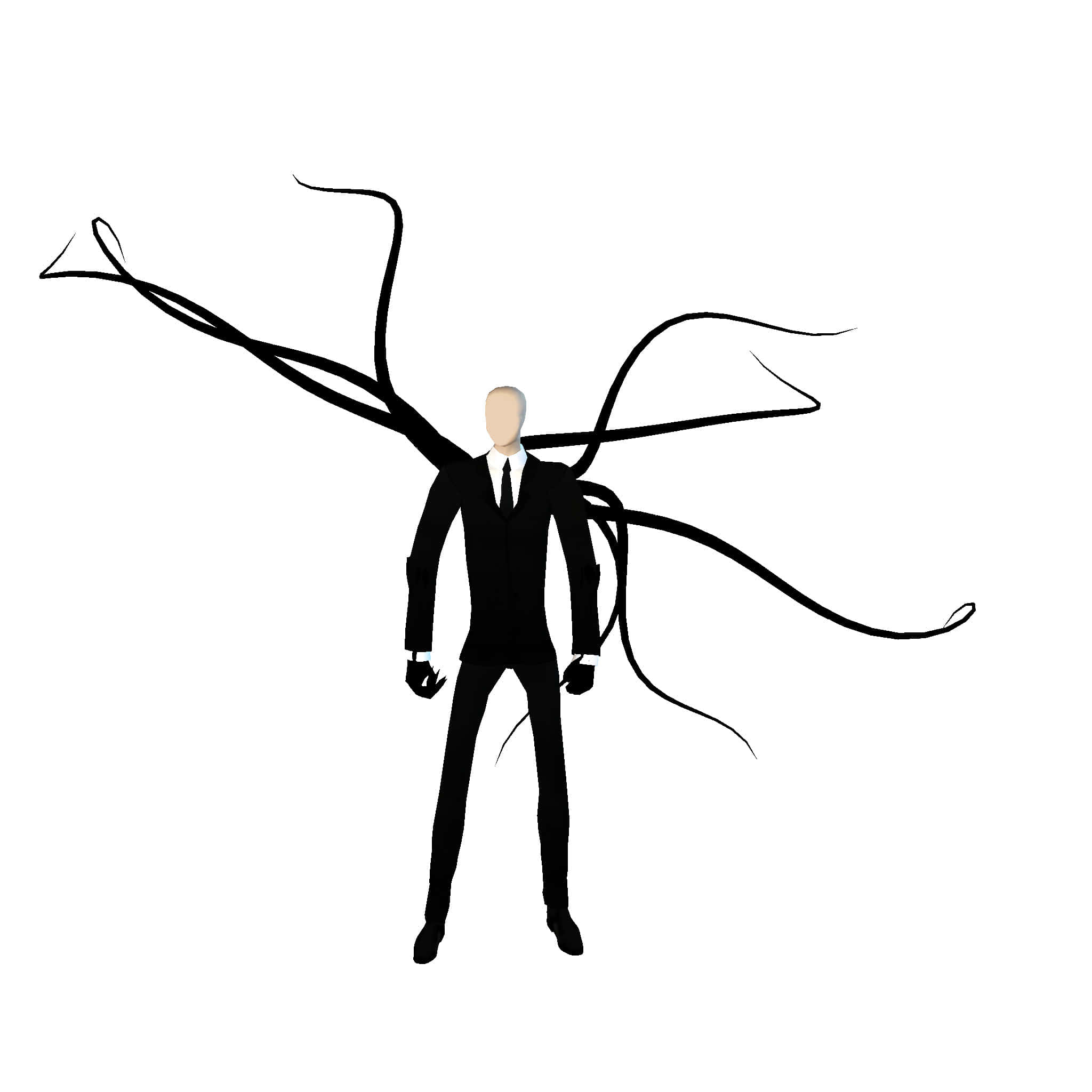 Cartoon Horror 桌布 壁紙 — 一個極簡風格的黑色剪影，描繪一位身穿西裝的無臉男子，背部延伸出長長的流動觸手，背景為白色。