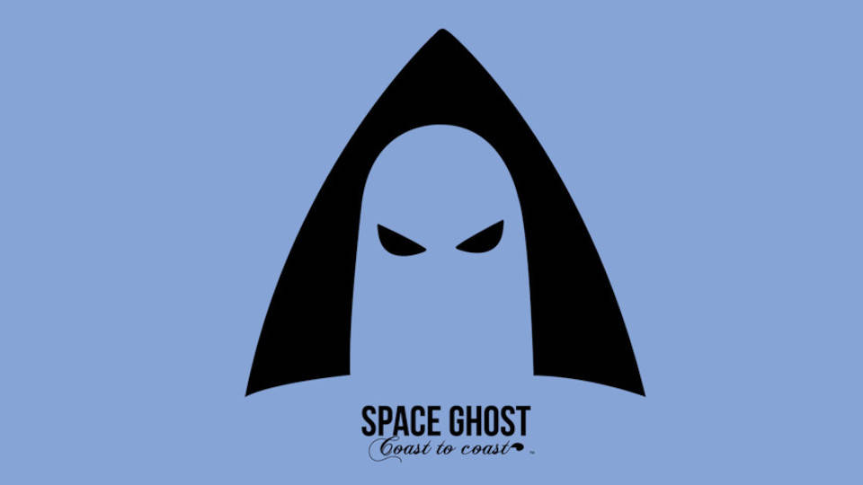 Space Ghost 桌布 壁紙 — 一個極簡風格的黑色剪影，描繪一個帶有憤怒眼神的鬼魂形象，背景為純藍色。