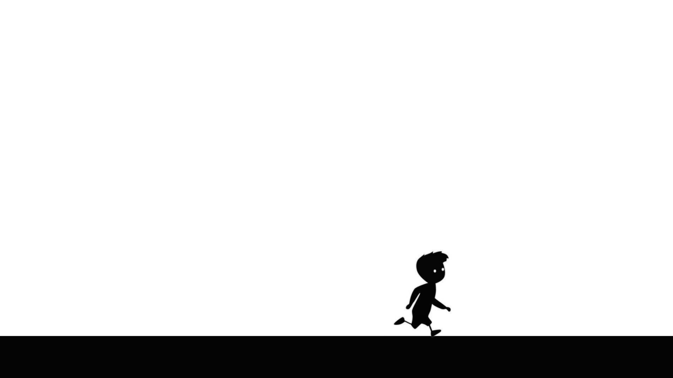 Running 桌布 壁紙 — 一個極簡風格的黑色剪影，描繪一個孩子獨自奔跑在純白背景上，並有一條實心黑色地面線。