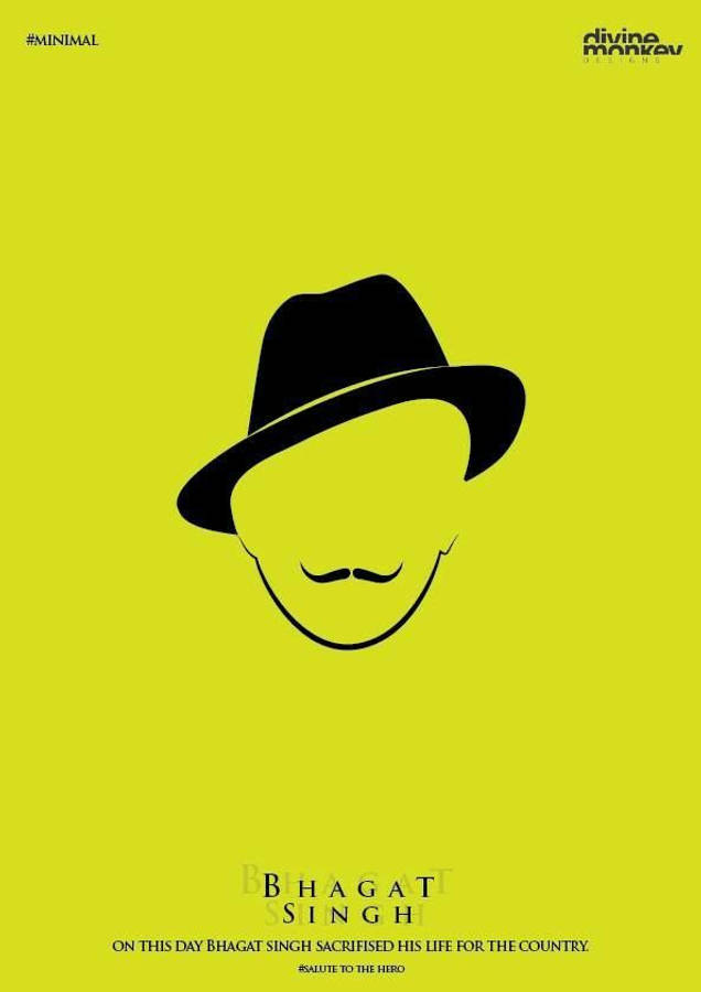 Shaheed Bhagat Singh 桌布 壁紙 — 一個極簡風格的黑色剪影，描繪巴格特·辛格戴著軟呢帽和鬍子，背景是鮮豔的黃色。