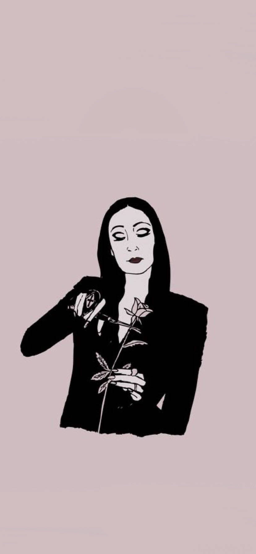 阿達一族 桌布 壁紙 — 一個極簡風格的黑色剪影，描繪長髮女性手持玫瑰和剪刀，背景為柔和的紫紅色。