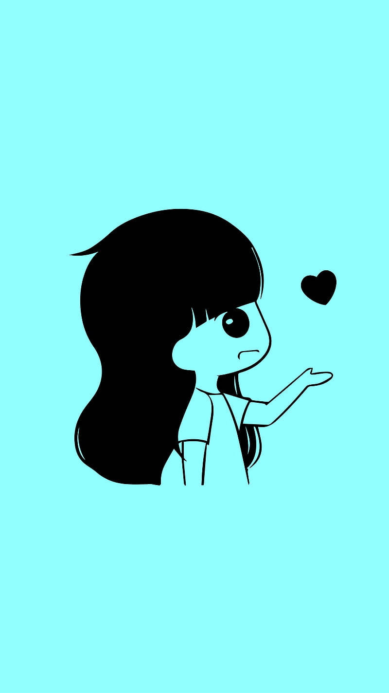 Relationship 桌布 壁紙 — 一個極簡風格的黑色剪影，長髮女孩輕輕遞出一個漂浮的心形，背景為純青色。