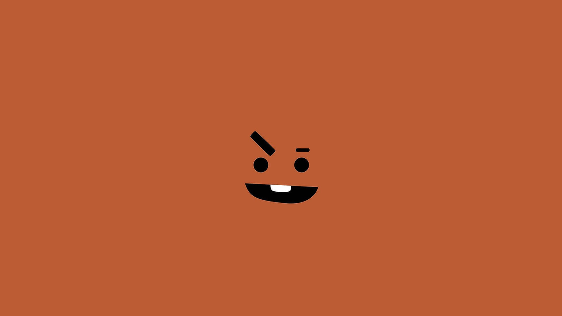 shooky bt21 桌布 壁紙 — 一個極簡風格的黑色卡通臉，有一條傾斜的眉毛和露齒的笑容，居中在純鏽橙色背景上。