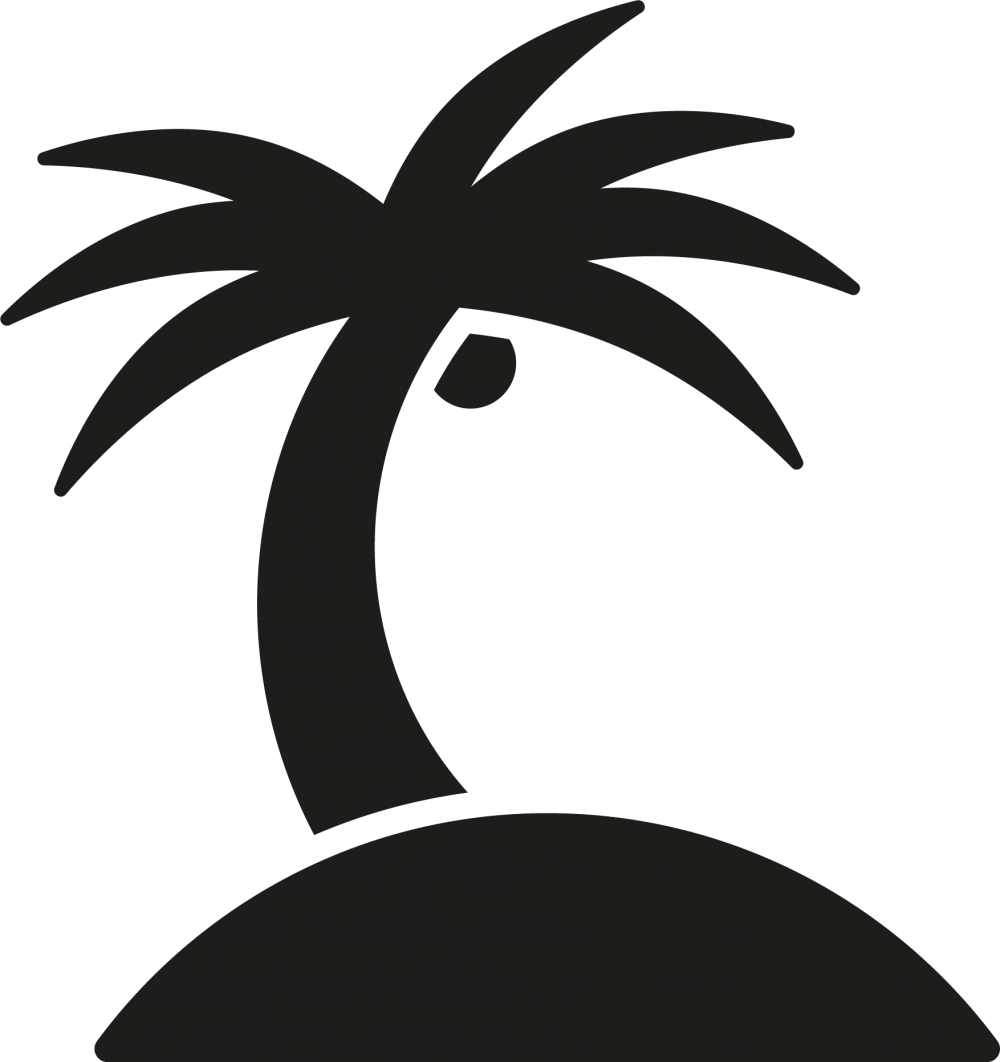 Clip Art 桌布 壁紙 — 一個極簡風格的黑色棕櫚樹剪影，樹幹彎曲，帶有一顆果實，背景為純黑色。