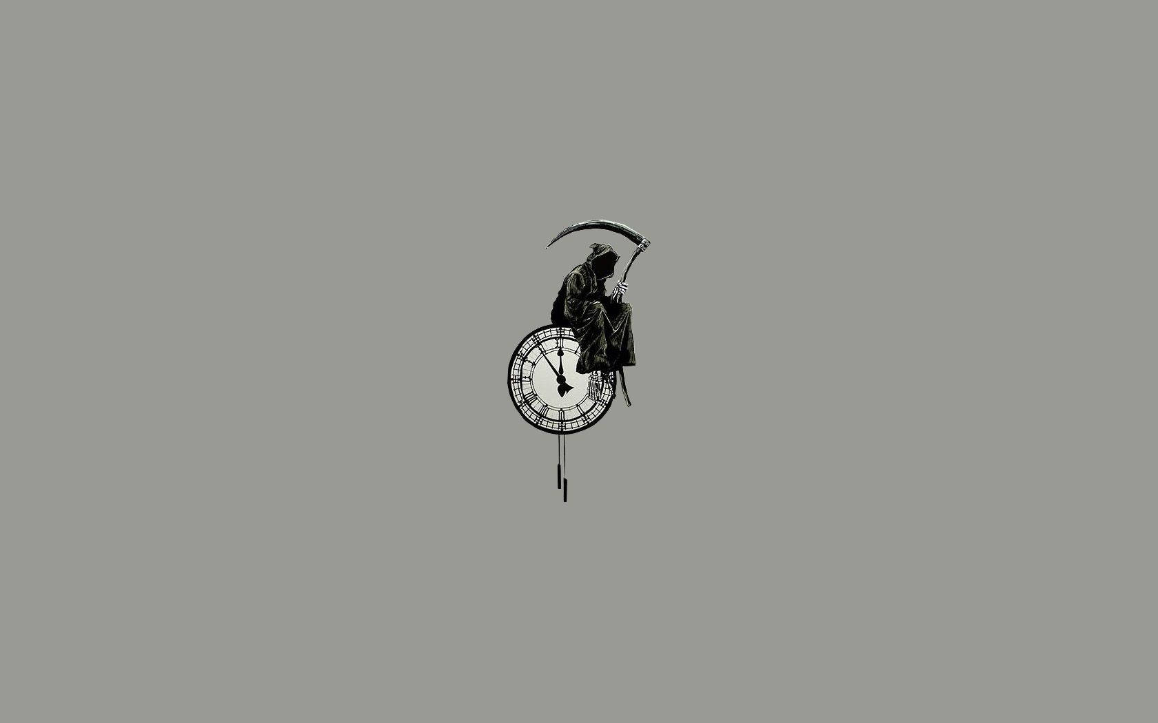 reaper 桌布 壁紙 — 一個極簡風格的黑色死神剪影，坐在擺鐘之上，背景為純灰色。