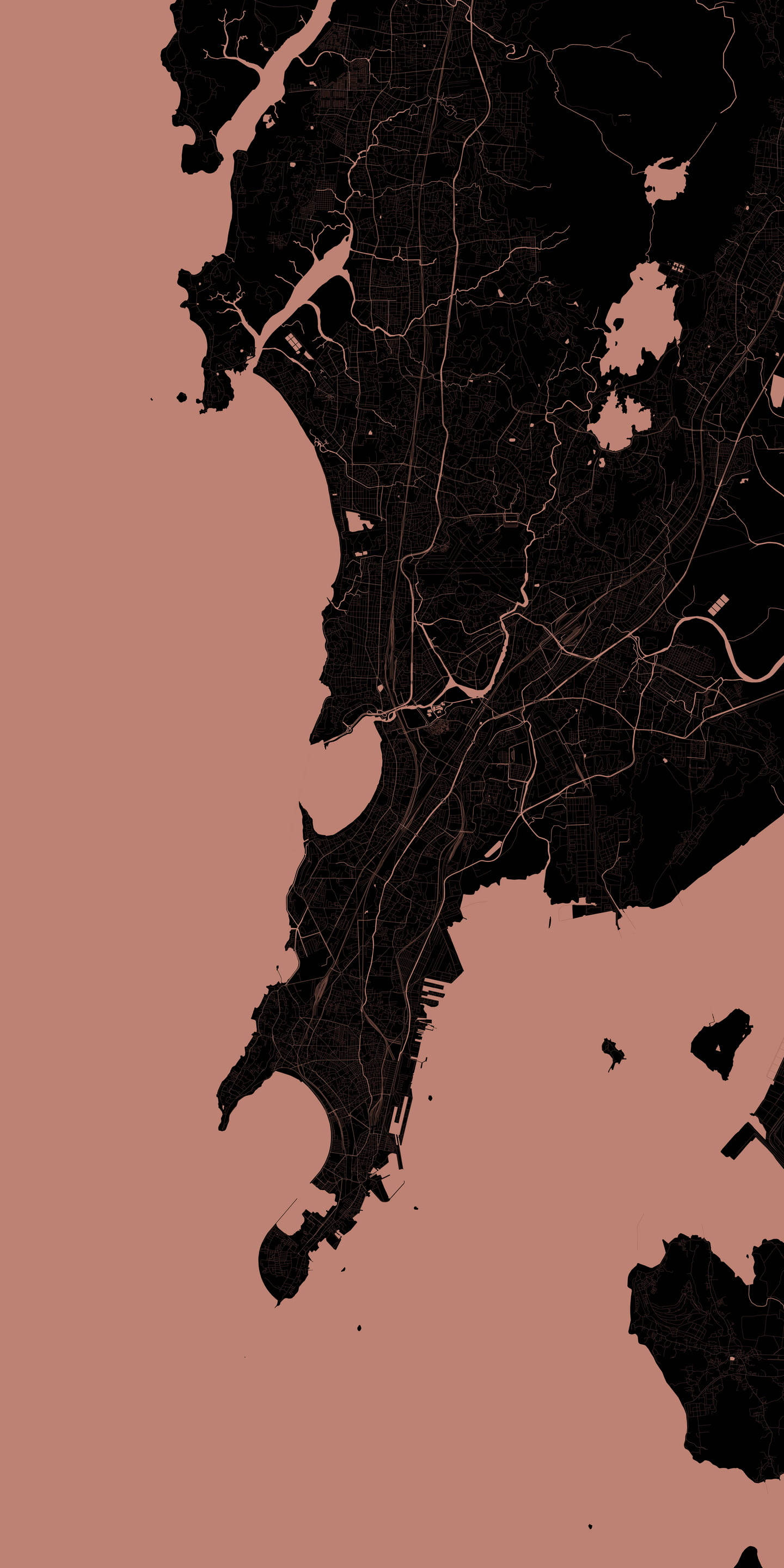 Topographic 桌布 壁紙 — 一個極簡風格的黑色沿海城市地圖，帶有複雜的道路網絡，置於純色塵土玫瑰色背景上。