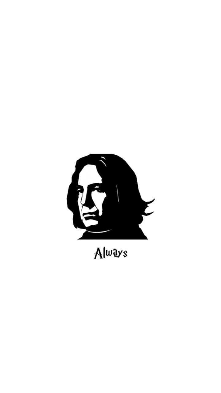 snape 桌布 壁紙 — 一個極簡風格的黑色男性長髮臉部剪影，居中置於白色背景上「Always」字樣的上方。