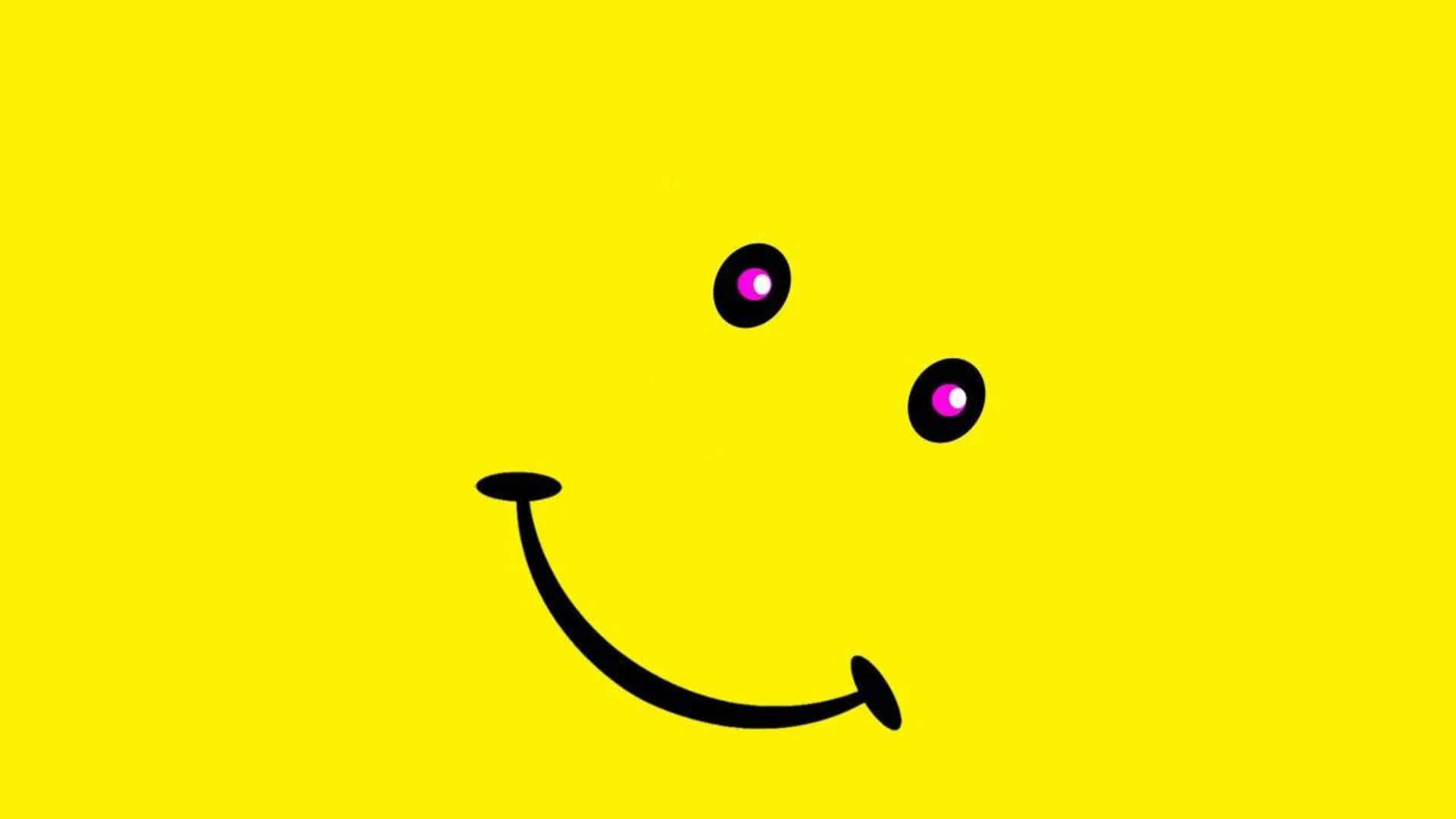 Kawaii Emoticon 桌布 壁紙 — 一個極簡風格的黑色笑臉，帶有發光的粉紅色眼睛，背景為純亮黃色。