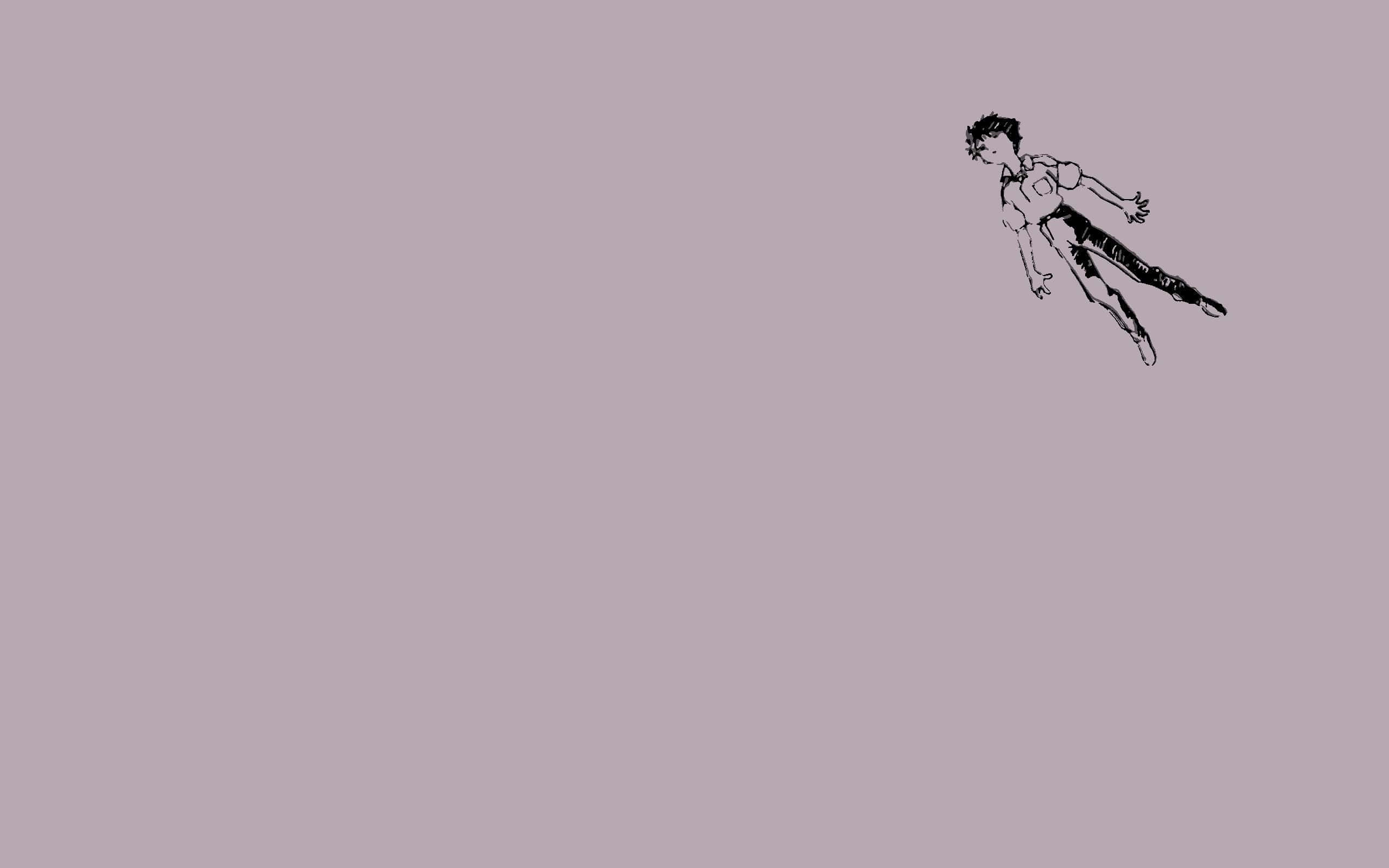 Shinji Ikari 桌布 壁紙 — 一個極簡風格的黑色線條人物，在純色紫紅色背景上動態飛翔。