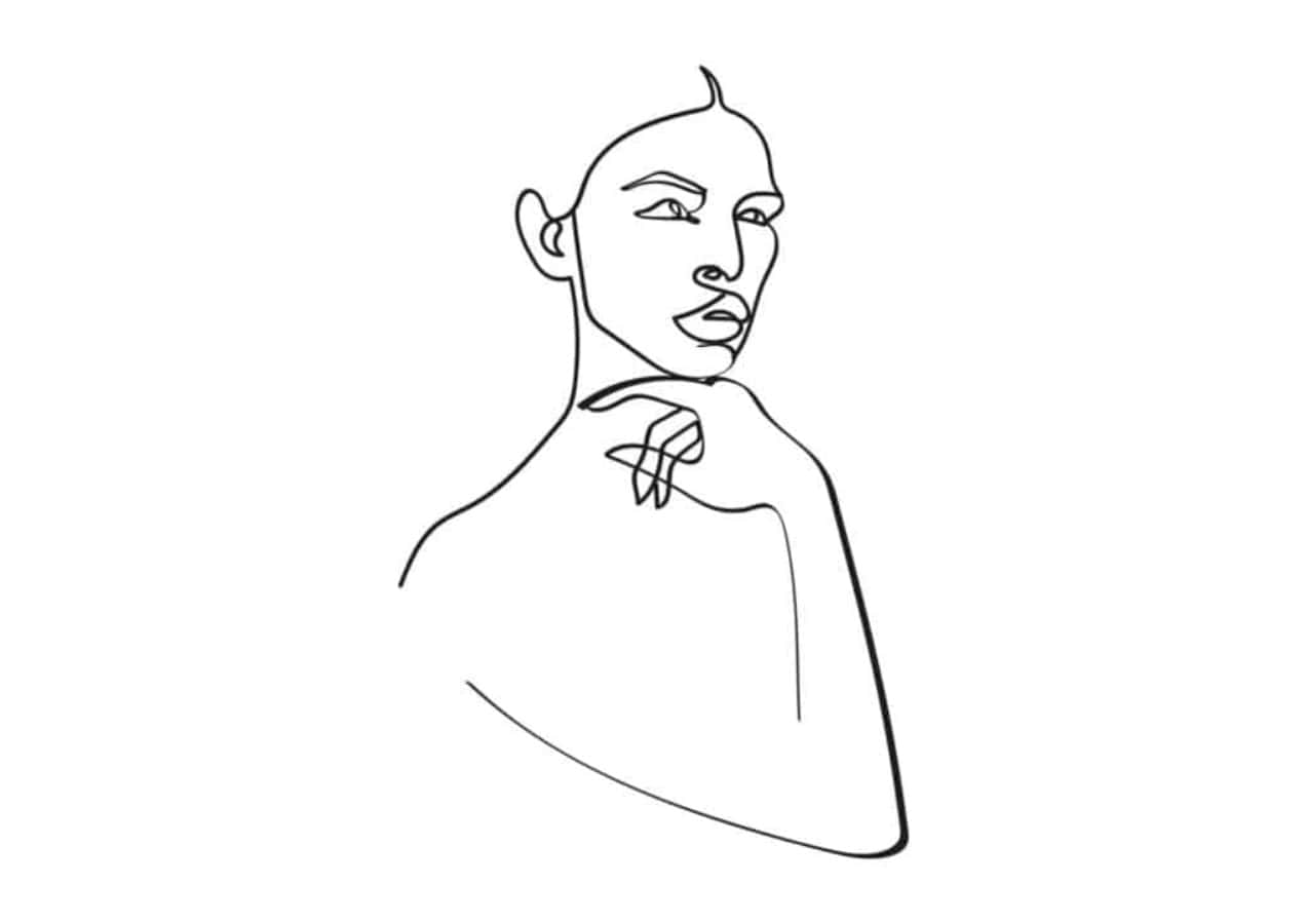 Outline 桌布 壁紙 — 一個極簡風格的黑色線條畫，描繪一位女性臉部和上半身，手靠近下巴，背景為白色。