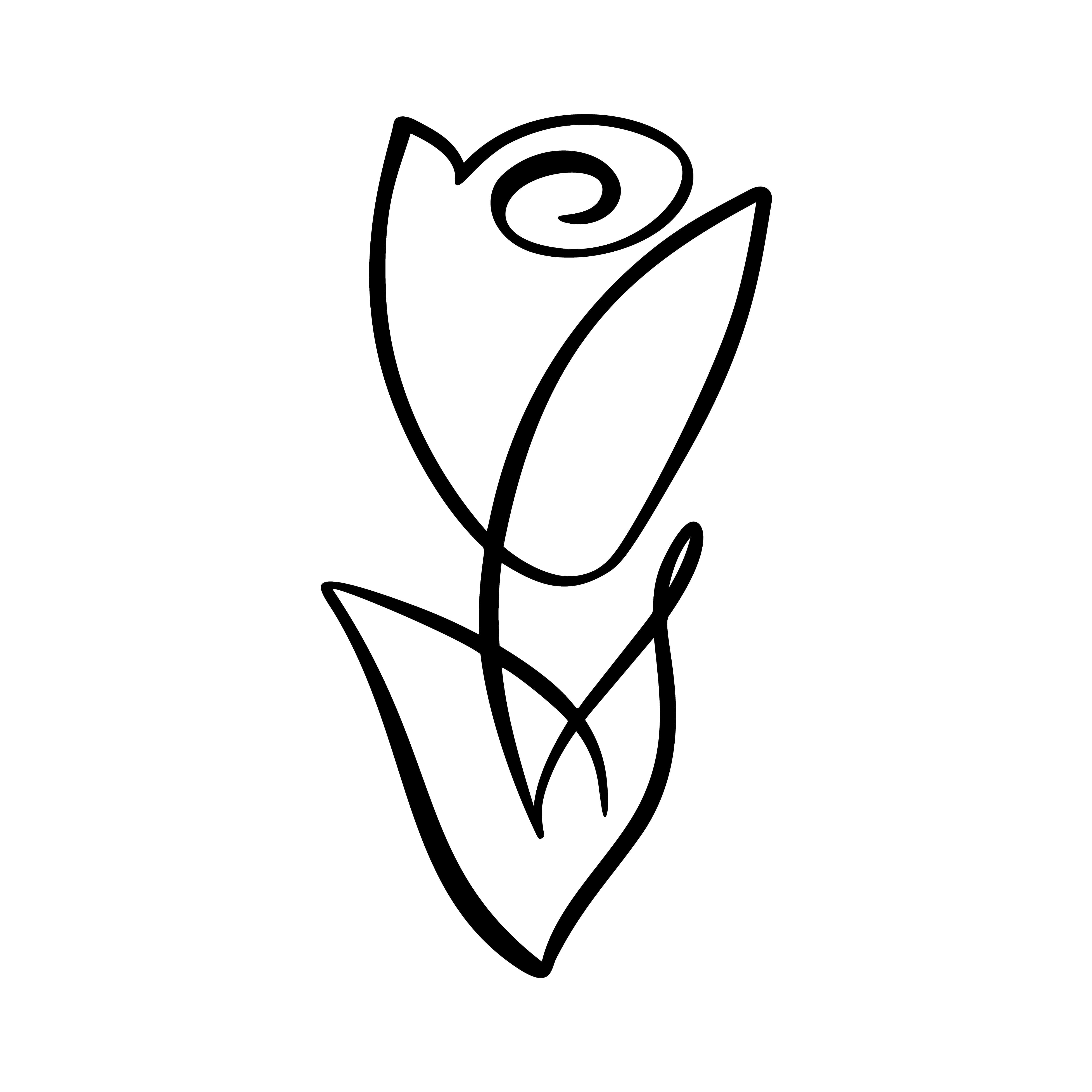 Rose Symbol 桌布 壁紙 — 一個極簡風格的黑色線條畫，描繪一朵風格化的玫瑰花蕾和兩片葉子，背景為純白色。