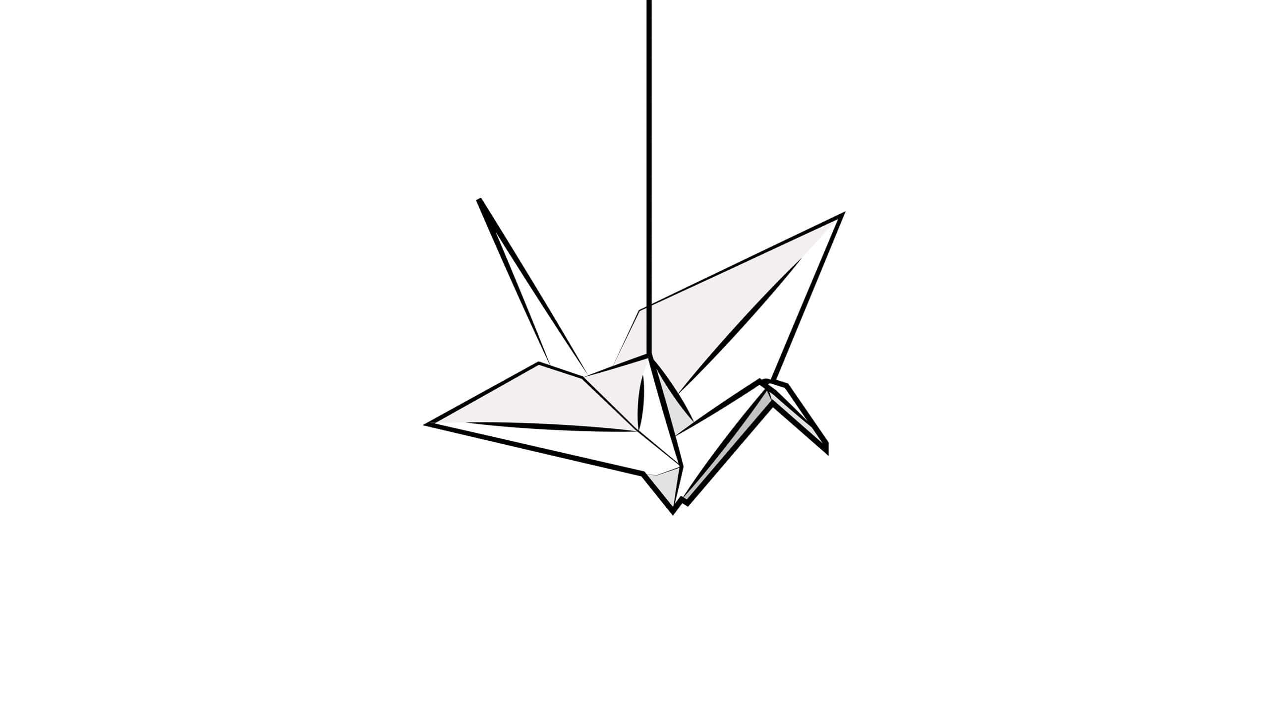 Simple Black And White 桌布 壁紙 — 一個極簡風格的黑色線條畫，描繪一隻用繩子懸掛在純白背景上的紙鶴。