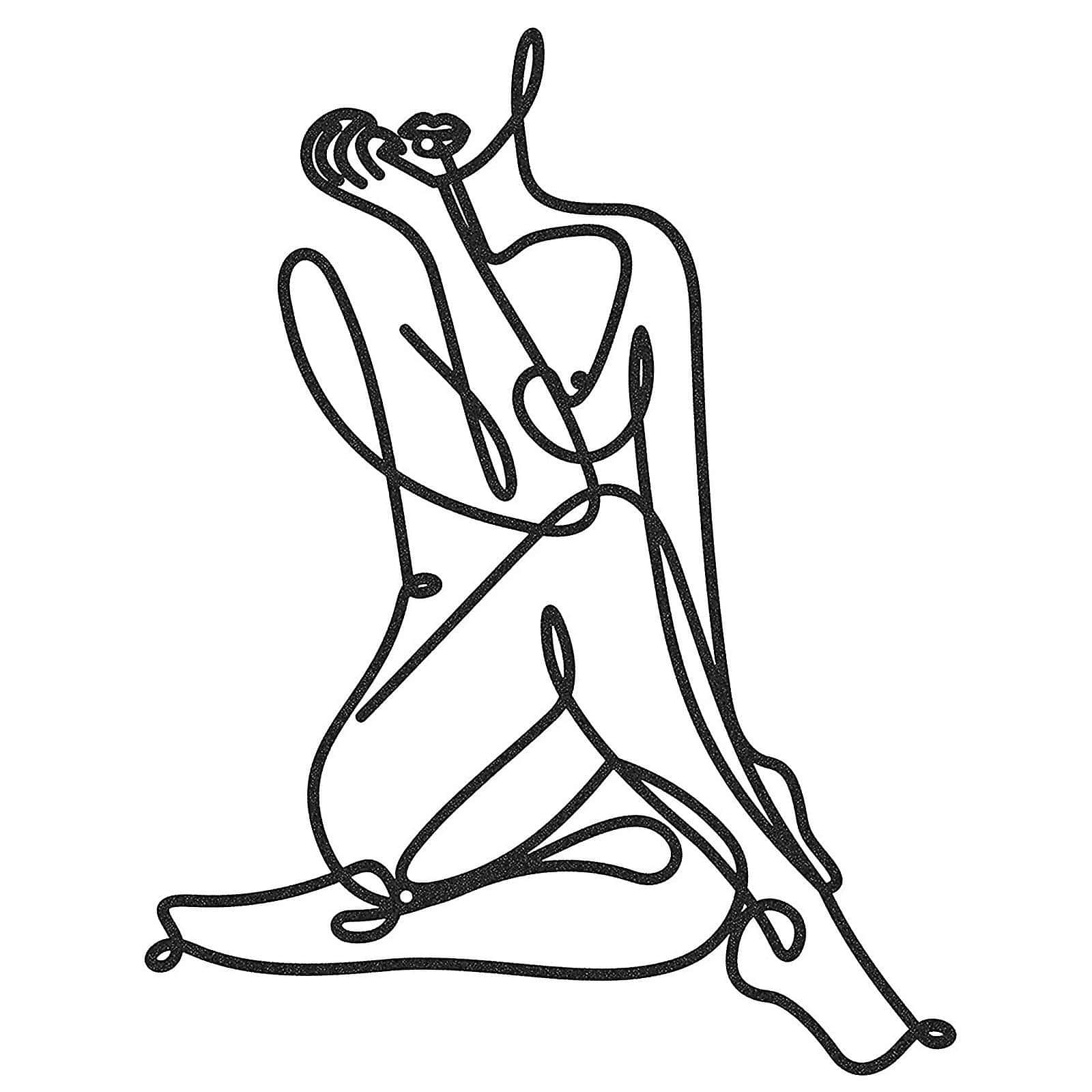 黑色藝術 桌布 壁紙 — 一個極簡風格的黑色線條畫，描繪一個坐著的人形，以抽象姿勢呈現，背景為白色。