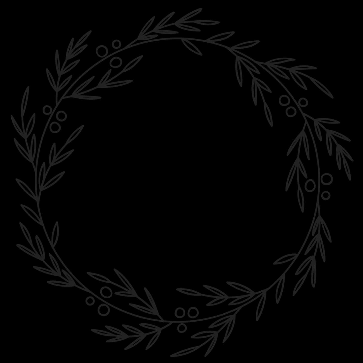 Monogram Desktop 桌布 壁紙 — 一個極簡風格的黑色線條畫，描繪圓形月桂花環，帶有漿果，背景為純黑色。