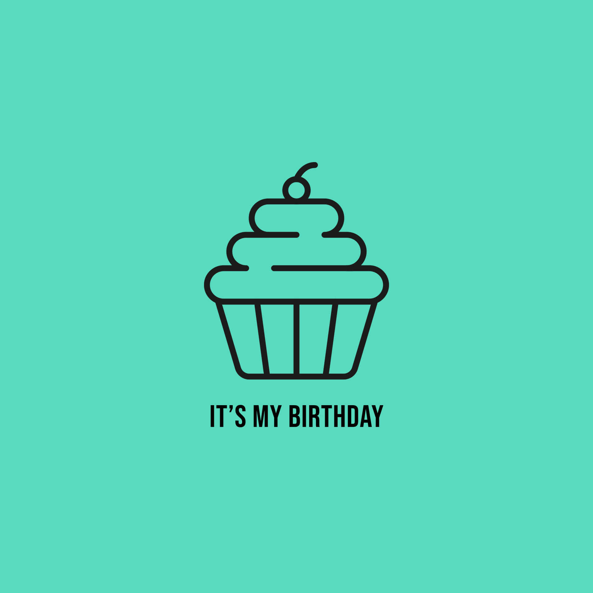 Birthday 桌布 壁紙 — 一個極簡風格的黑色線條畫，畫中是一個頂部有櫻桃的杯子蛋糕，居中放在青綠色背景上，並帶有文字「是我的生日」。