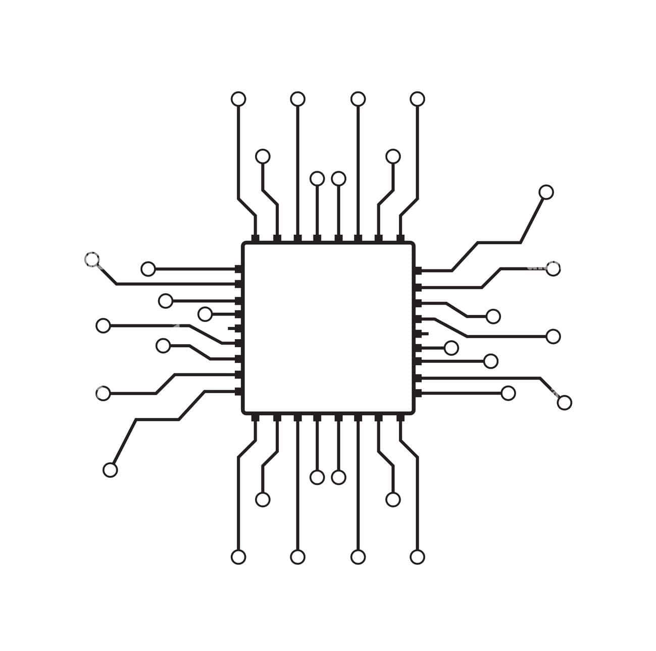 Circuit 桌布 壁紙 — 一個極簡風格的黑色線條繪畫，描繪一個方形微型晶片，帶有對稱的引腳向外輻射，背景為白色。