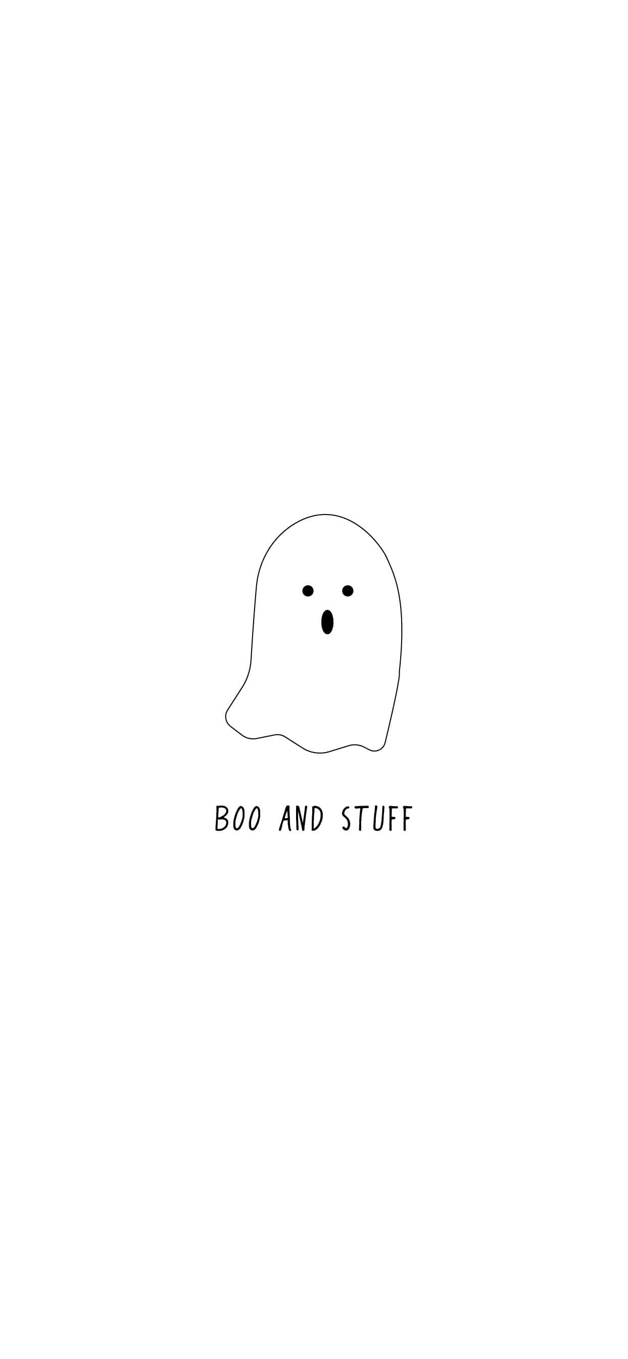 Boo And Stuff 桌布 壁紙 — 一個極簡風格的黑色線條繪畫，畫中有一個可愛的鬼魂，有兩點作為眼睛和一個小嘴巴，居中在白色背景上。