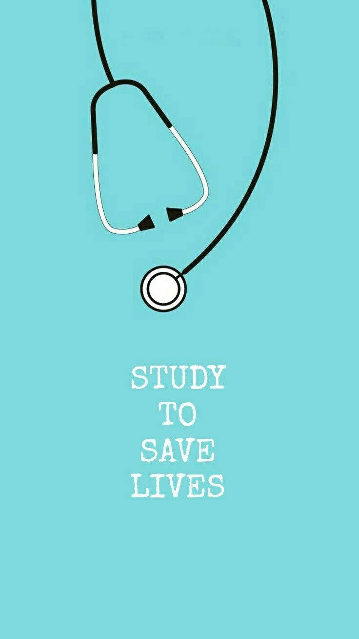 doctor motivation 桌布 壁紙 — 一個極簡風格的黑色聽診器掛在純青色背景上，下方有文字 study to save lives。