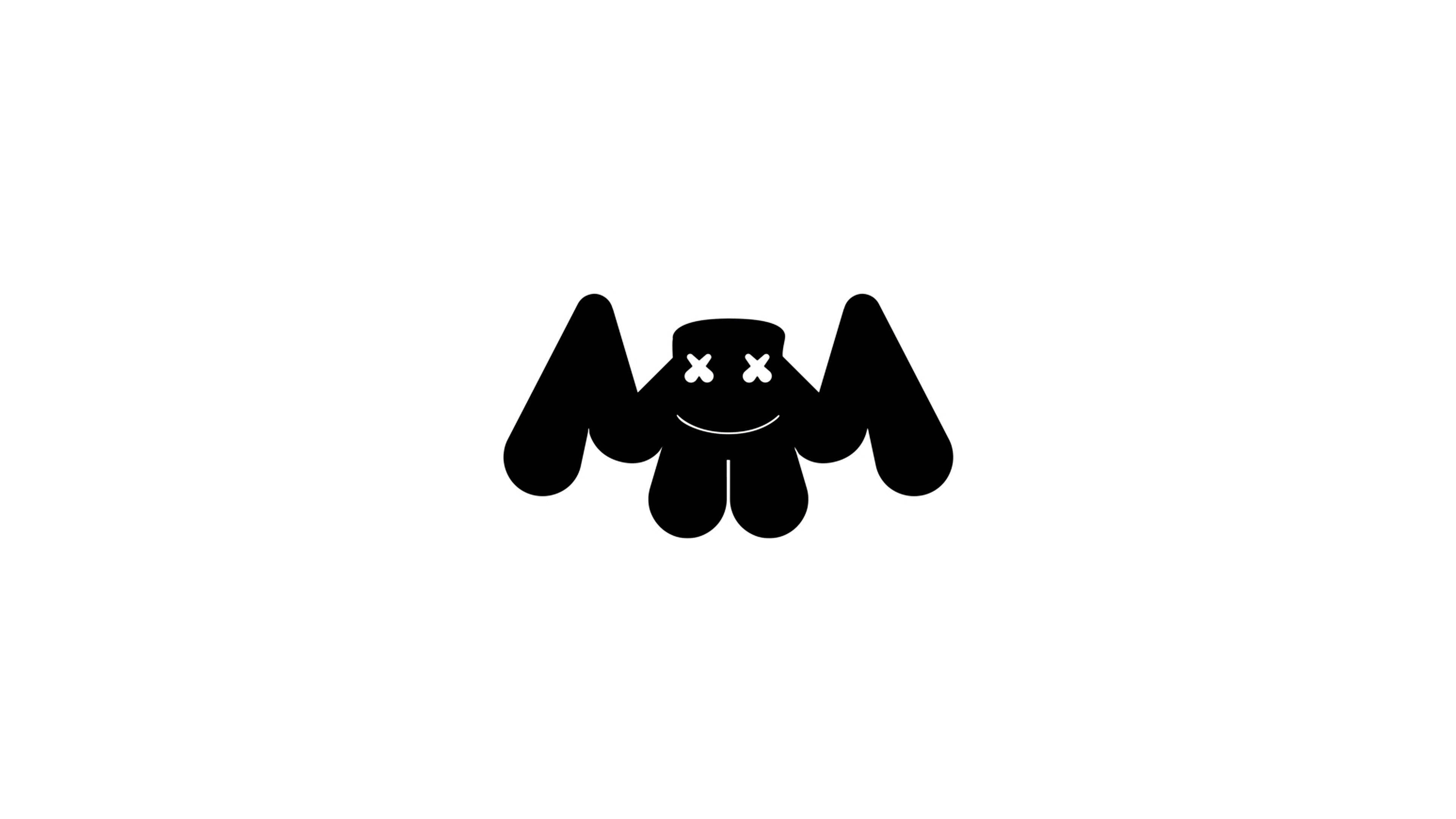 Marshmallow Dj 桌布 壁紙 — 一個極簡風格的黑色蝙蝠剪影，帶有X形眼睛和微笑，背景為純白色。