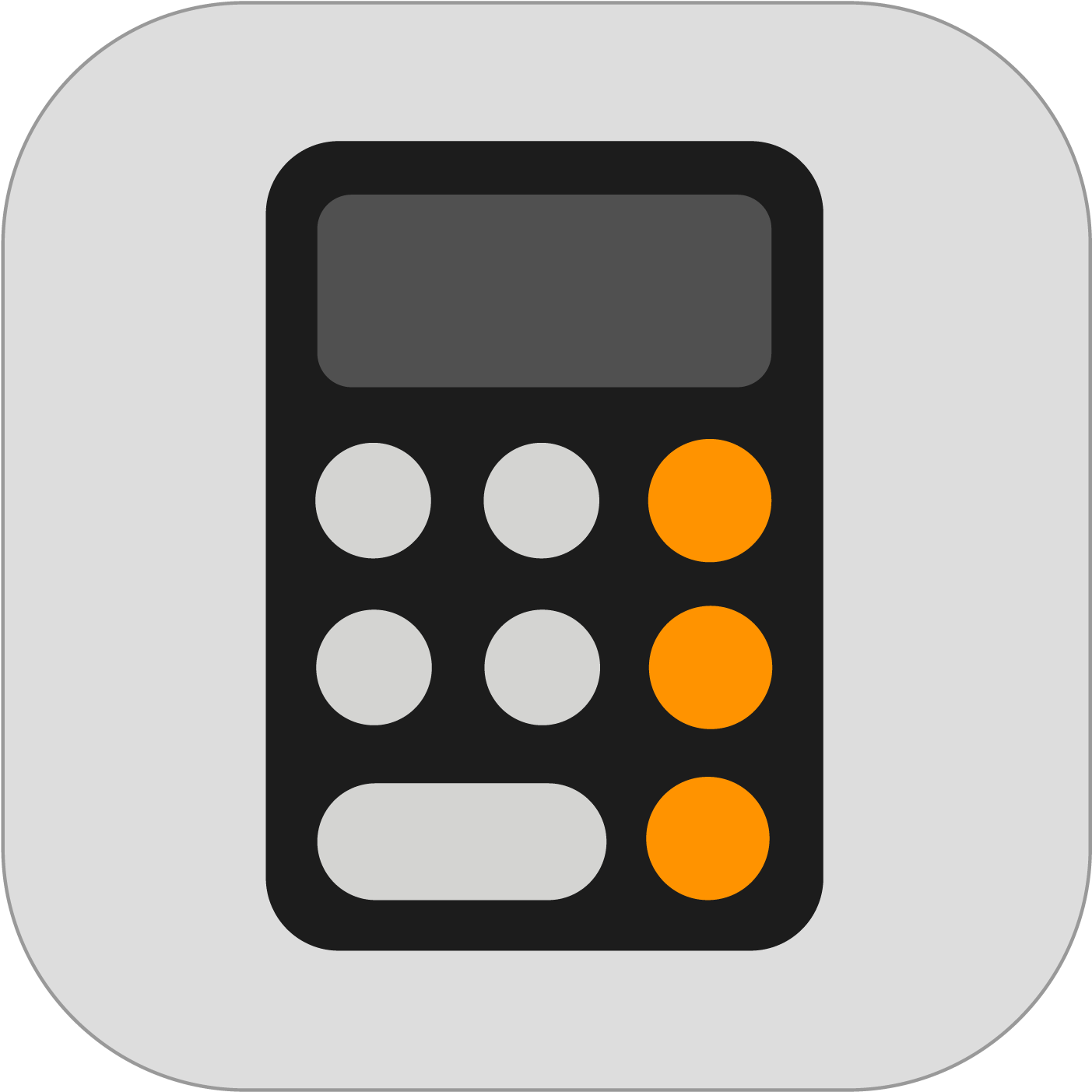 Calculator Icon 桌布 壁紙 — 一個極簡風格的黑色計算機，帶有灰色和橙色按鈕，背景為淺灰色圓角正方形。