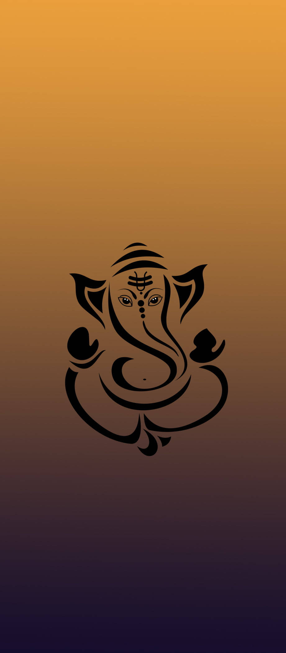 hindu iPhone 桌布 壁紙 — 一個極簡風格的黑色象神剪影，置中於由橙色漸變至深紫色的日落天空背景。