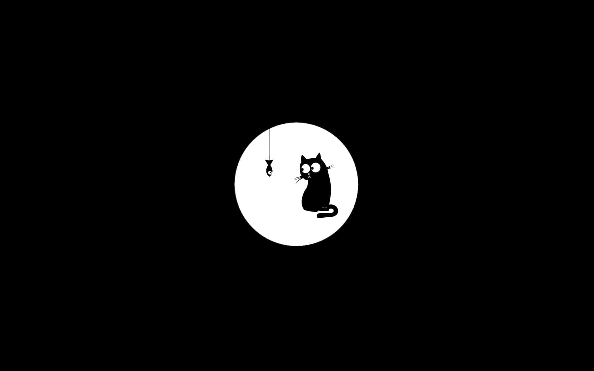 Dark Aesthetic Cartoon 桌布 壁紙 — 一個極簡風格的黑色貓剪影，凝視著白色圓圈內懸掛的魚，背景為黑色。