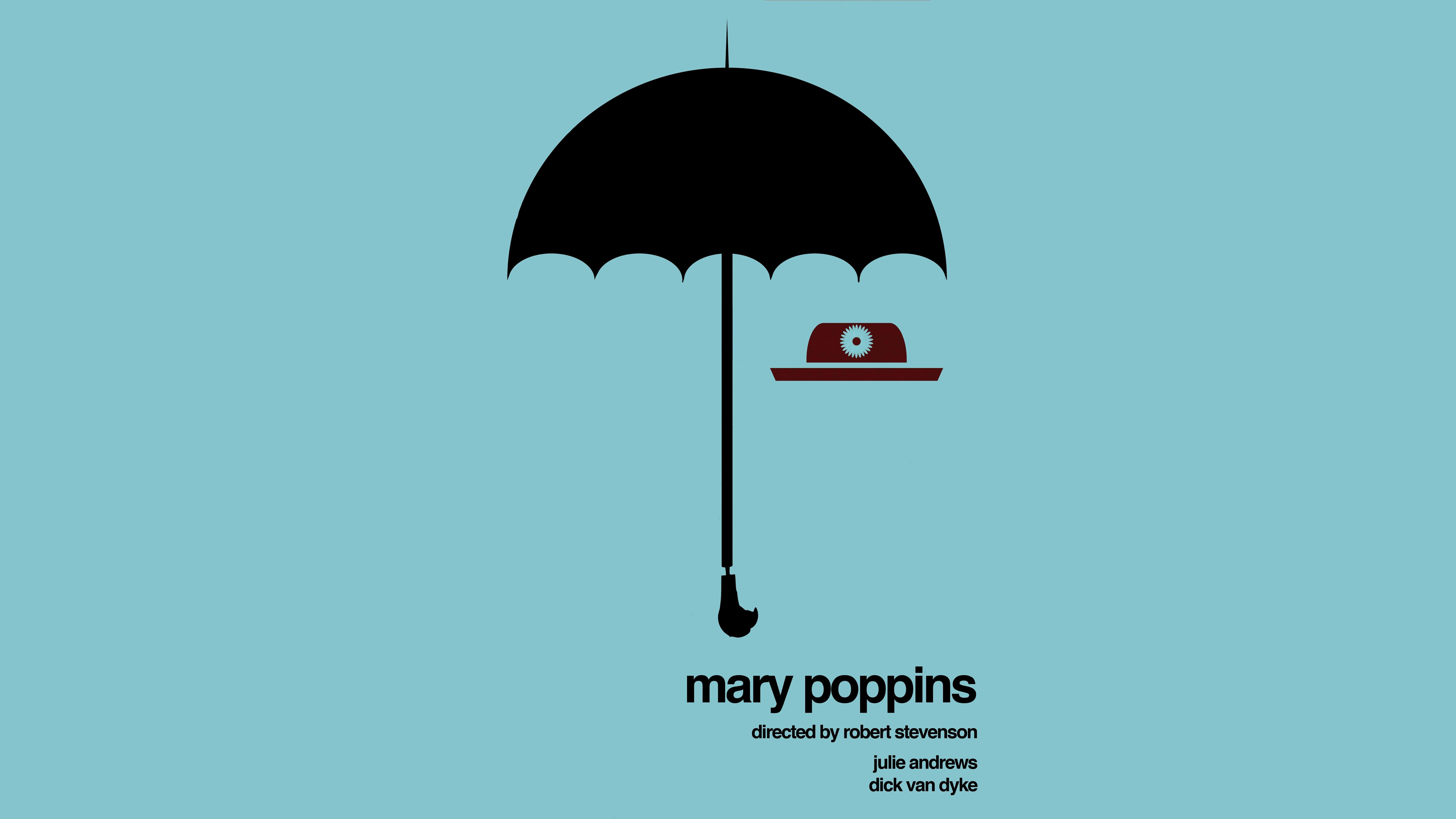 mary poppins 桌布 壁紙 — 一個極簡風格的黑色雨傘剪影，在純青色背景上拿著一頂帶有白色紐扣的紅色帽子。